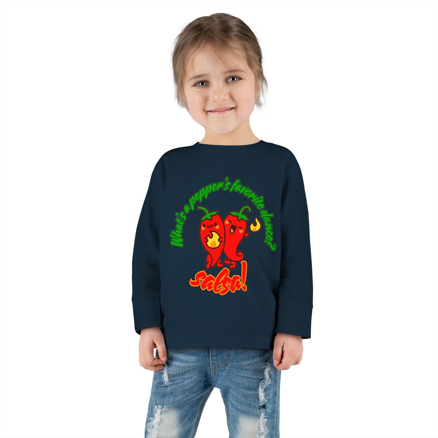 "What Is a Pepper's Favorite Dance? Salsa!" Toddler Dance T-Shirt – Cute Pepper Pun Graphic Long Sleeve Tee for Kids