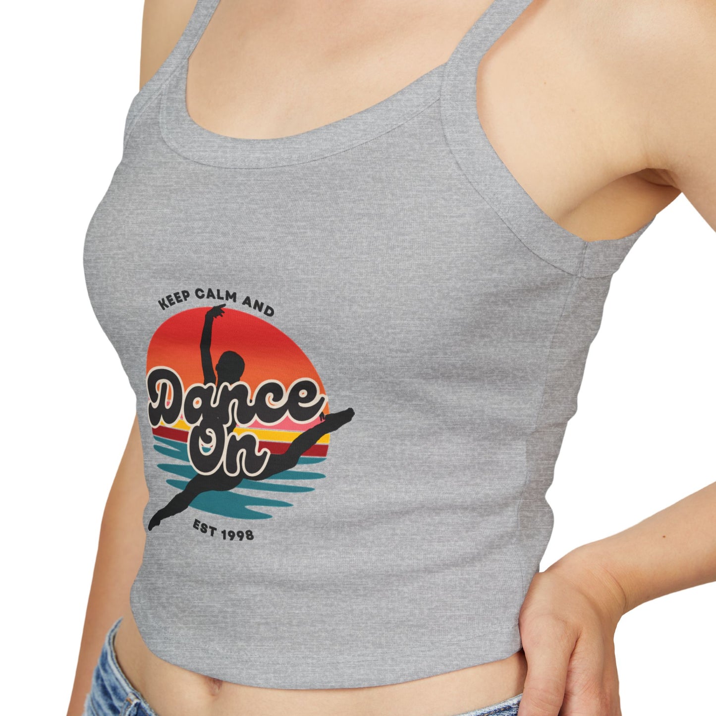 "Keep Calm and Dance On" Women’s Spaghetti Strap Tank Top – Retro Graphic Design | Fun & Stylish Dancewear for Studio, Festivals, and Everyday Outfits