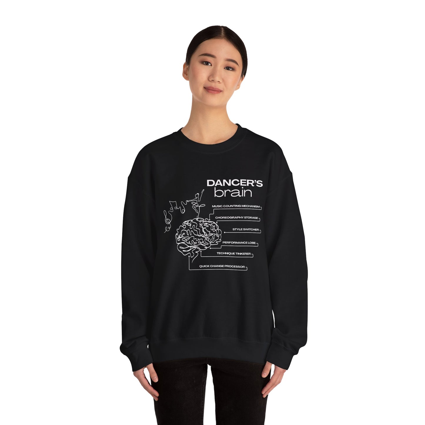 “Dancer’s Brain” Funny Dance Anatomy Sweatshirt – Unisex Heavy Blend Crewneck with Optional Name or Studio Personalization