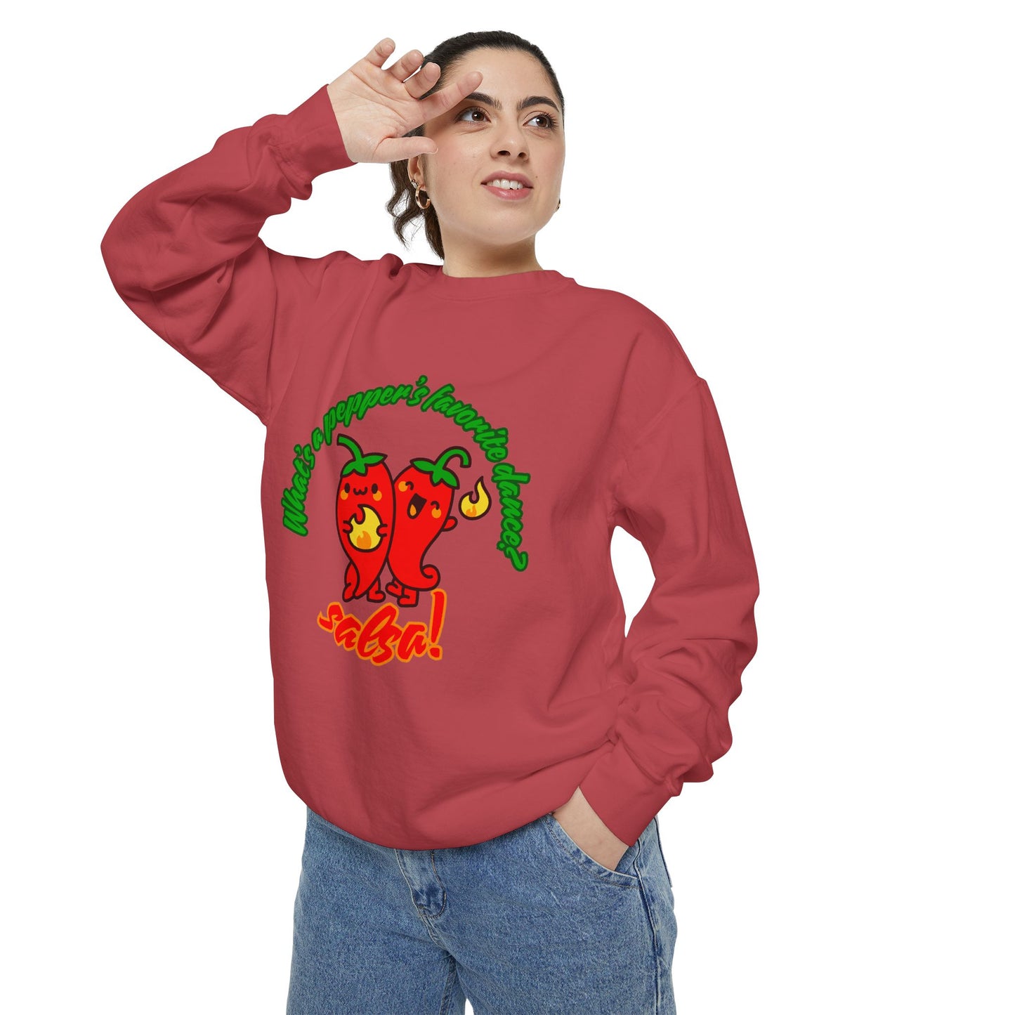 "What's a Pepper's Favorite Dance? Salsa!" Unisex Lightweight Crewneck Sweatshirt – Fun Dance Pun Pullover with Cute Pepper Graphic for Dancers & Food Lovers