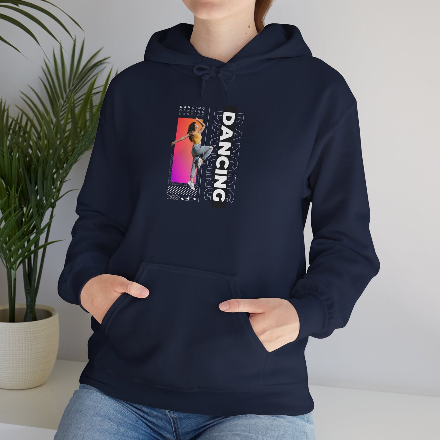 Dancing” Text with Streetwear-Style Female Dancer Graphic - Unisex Heavy Blend™ Hooded Sweatshirt – Cozy Dance Hoodie for Ballet & Hip-Hop Enthusiasts