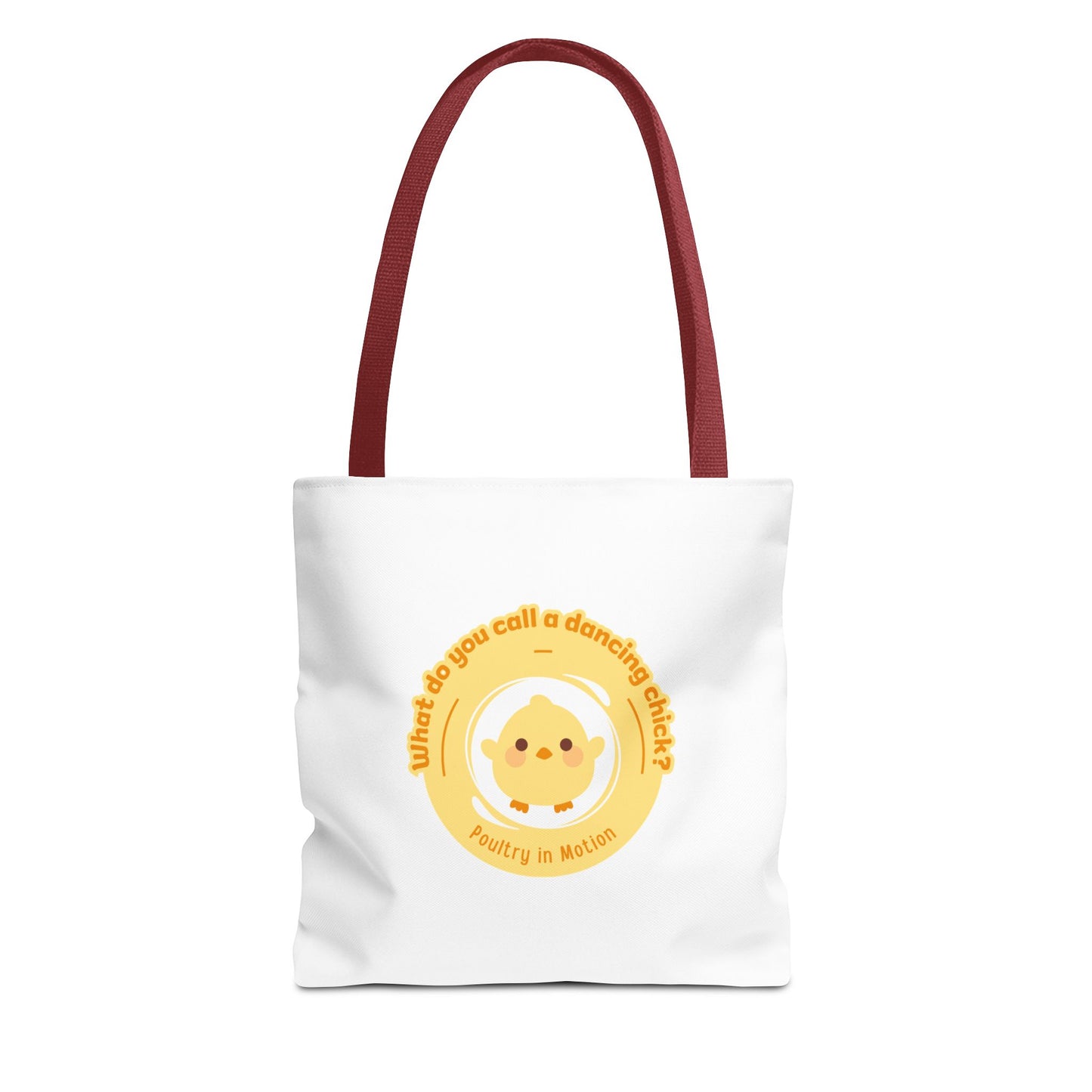"What do you call a dancing chick? Poultry in Motion" Funny Dance Tote Bag – Kawaii Chicken Canvas Tote for Dancers & Dance Lovers