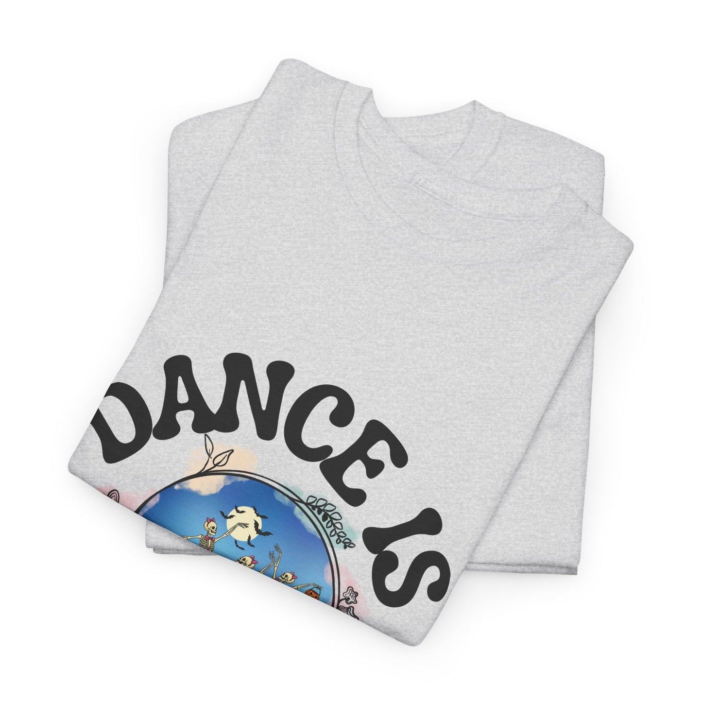 “Dance Is in My Bones” Halloween Dance T-Shirt with Dancing Skeletons Graphic - Unisex Heavy Cotton Tee