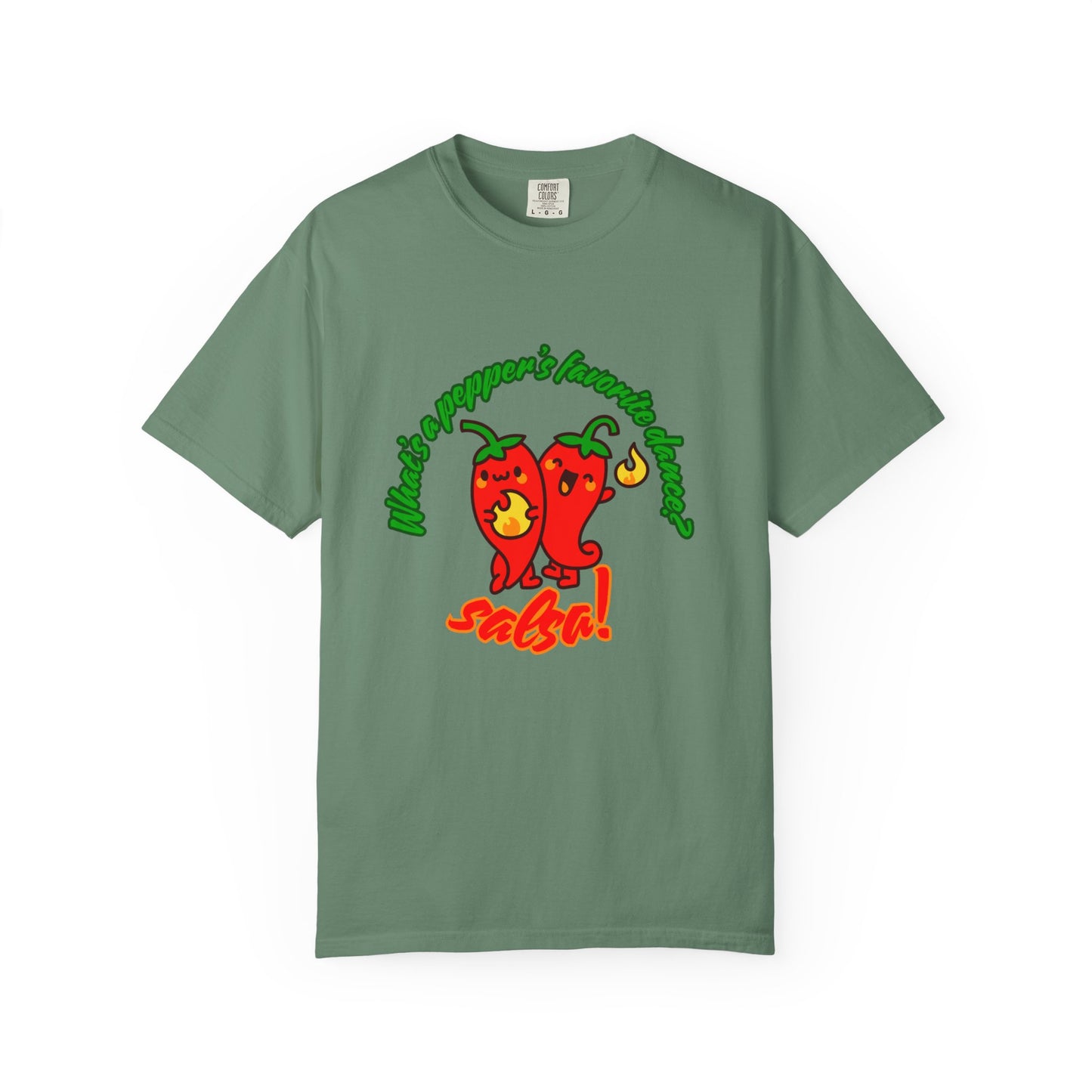 "What's a Pepper's Favorite Dance? Salsa!" Dance Pun Unisex Garment-Dyed T-Shirt – Funny Dance Joke Tee with Cute Pepper Graphic – Dance Humor Shirt for Food & Pun Lovers