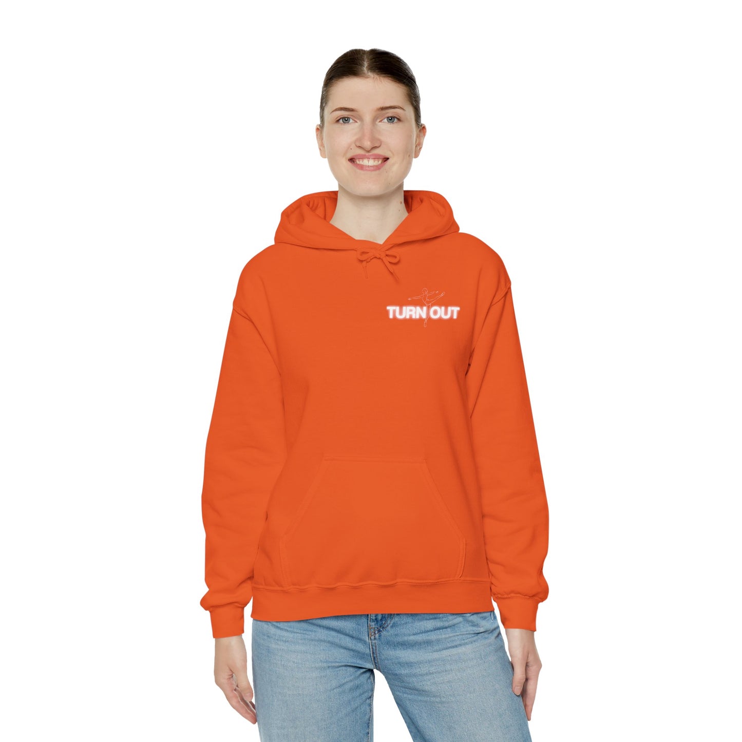 Person wearing an orange hoodie with 'TURN OUT' text on a white background