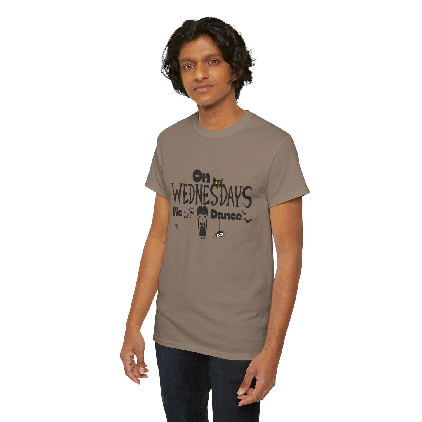 “On Wednesdays We Dance” Gothic Halloween T-Shirt with Cute Girl, Black Cat, Spiders & Bats - Unisex Heavy Cotton Tee