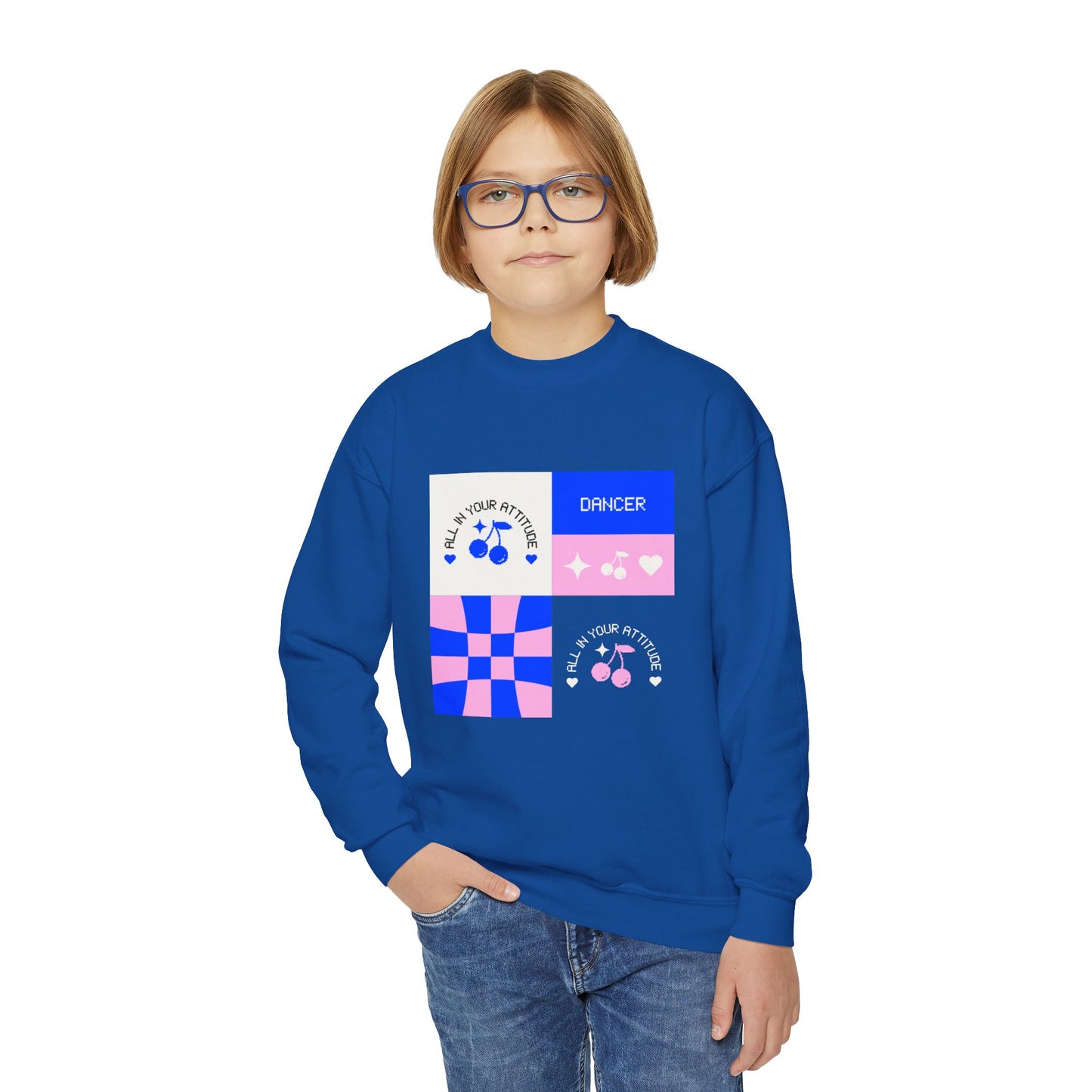 "Dancer – All in Your Attitude" Youth Crewneck Sweatshirt | Retro Dance Graphic Kids Pullover for Confident Movers