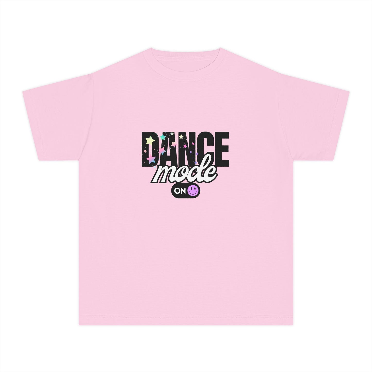 “Dance Mode On" Comfort Colors Youth Midweight T-Shirt – Pastel Stars & Smiley Face Dance Graphic Tee for Kids