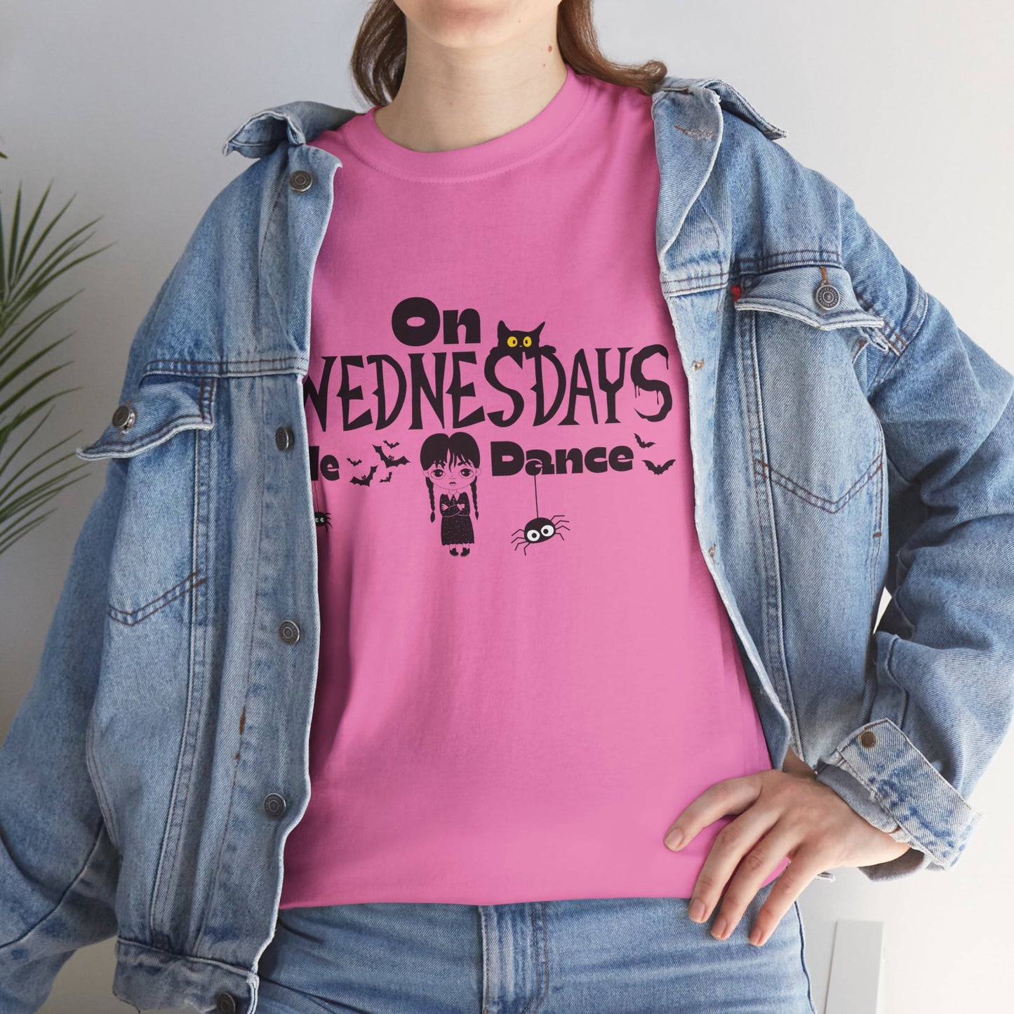 “On Wednesdays We Dance” Gothic Halloween T-Shirt with Cute Girl, Black Cat, Spiders & Bats - Unisex Heavy Cotton Tee