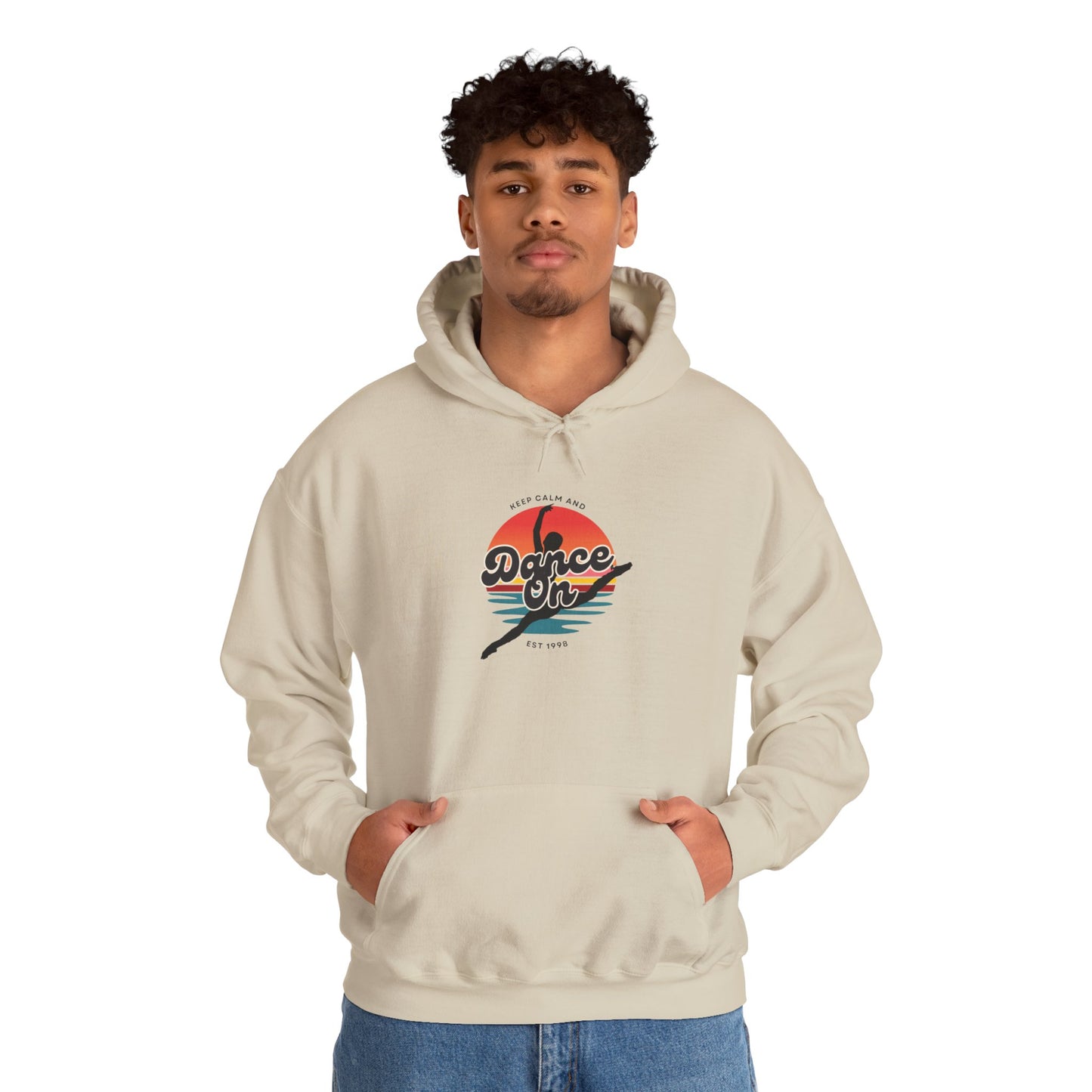 “Keep Calm and Dance On” Retro Hoodie – Unisex Dance-Inspired Hooded Sweatshirt for Dancers & Movement Lovers