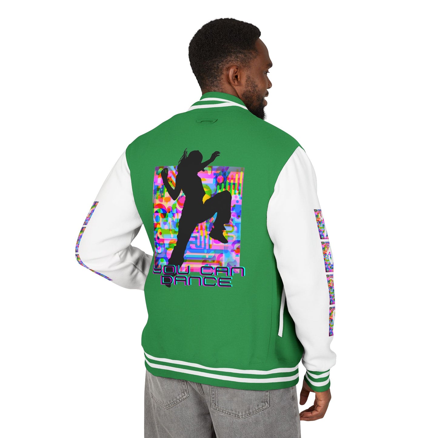 Levels Premium Collection Dance Letterman Jacket β Colorful Unisex Streetwear Varsity Jacket with "Levels Pictures Textures" Front and Dancer Silhouette Back Graphic