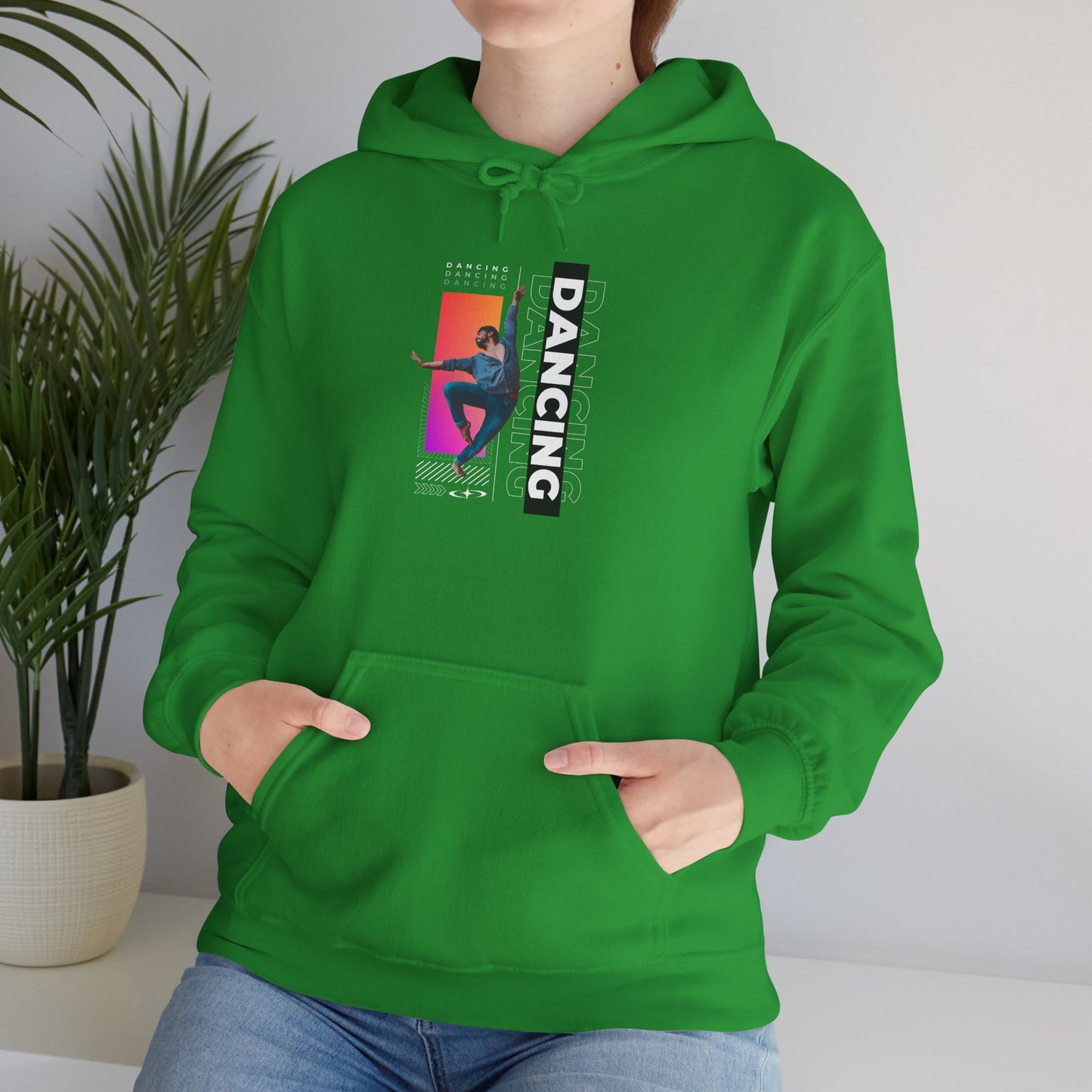 “Dancing” Text with Streetwear-Style Male Dancer Graphic – Unisex Heavy Blend™ Hooded Sweatshirt – Cozy Dance Hoodie for Performers & Dance Enthusiasts