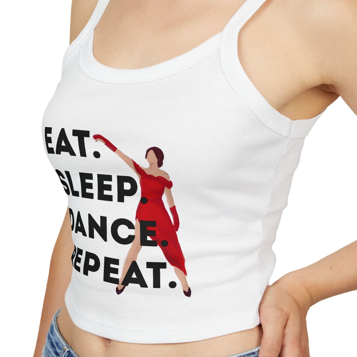 "Eat, Sleep, Dance, Repeat" Women’s Spaghetti Strap Tank Top – Bold Dancer Graphic | Motivational Dance Tank for Rehearsals, Classes & Everyday Wear