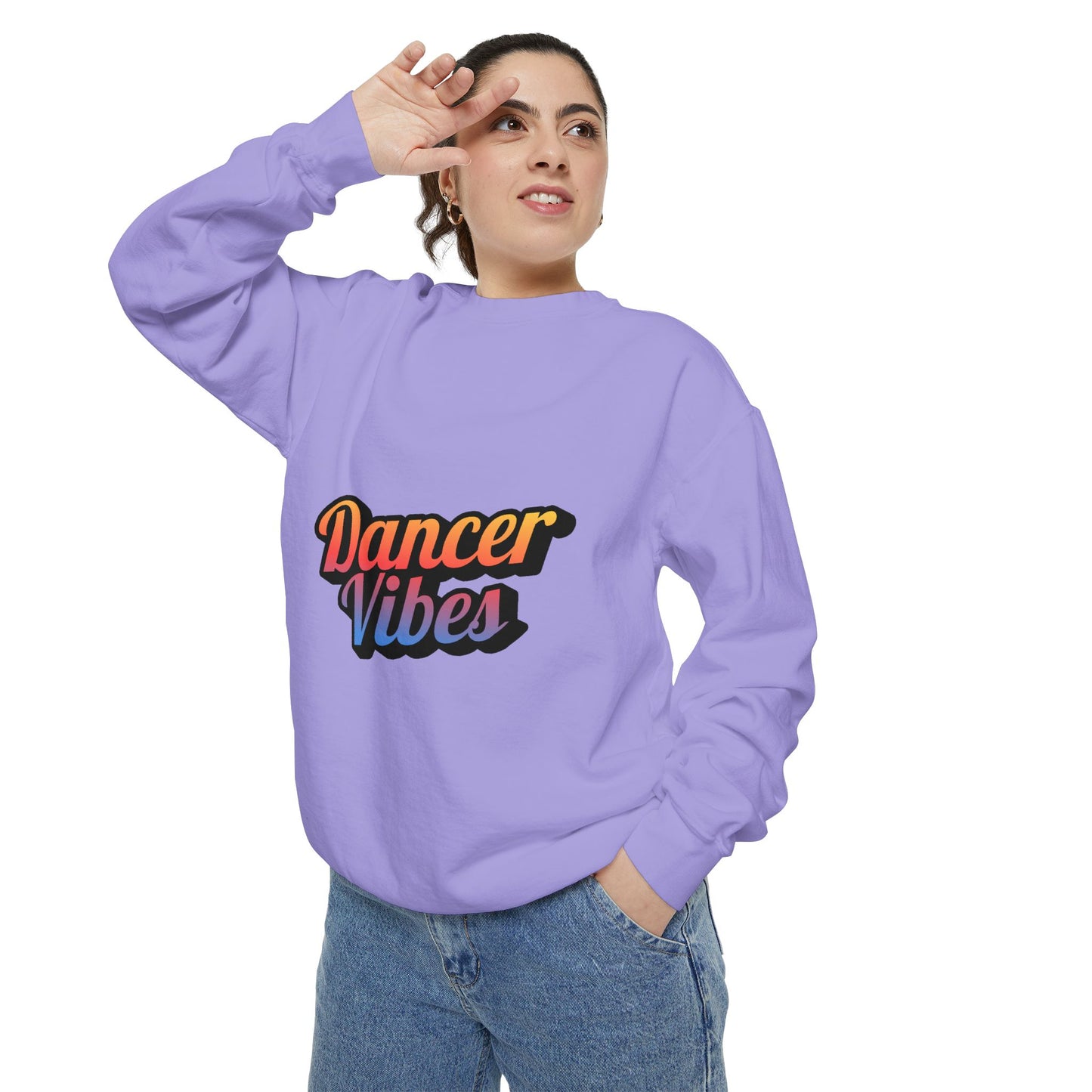 "Dancer Vibes" Unisex Lightweight Crewneck Sweatshirt – Colorful Text Graphic Pullover for Dance Lovers & Studio Style