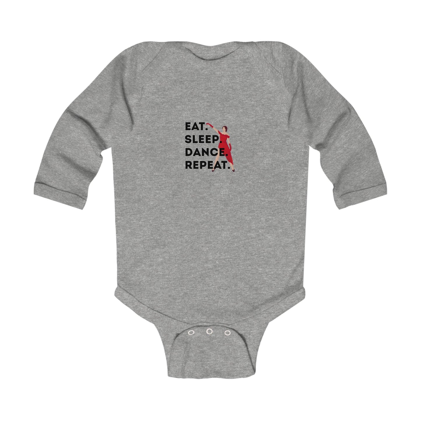 "Eat Sleep Dance Repeat" Infant Long Sleeve Bodysuit – Bold Dancer Graphic Baby Outfit for Dance-Loving Families