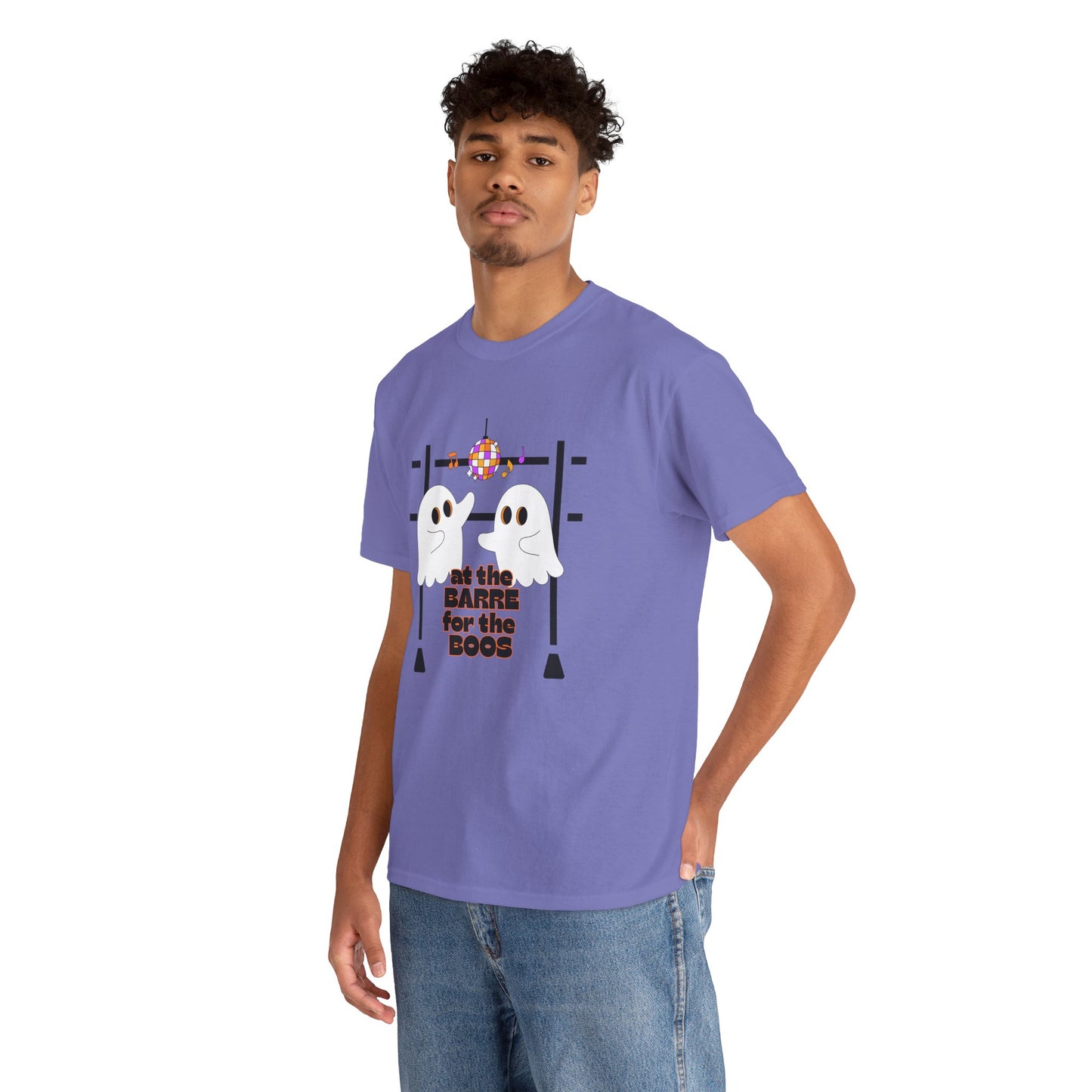 “At the Barre for the Boos” Dance Halloween T-Shirt with Cute Ghost Ballet Graphics - Unisex Heavy Cotton Tee