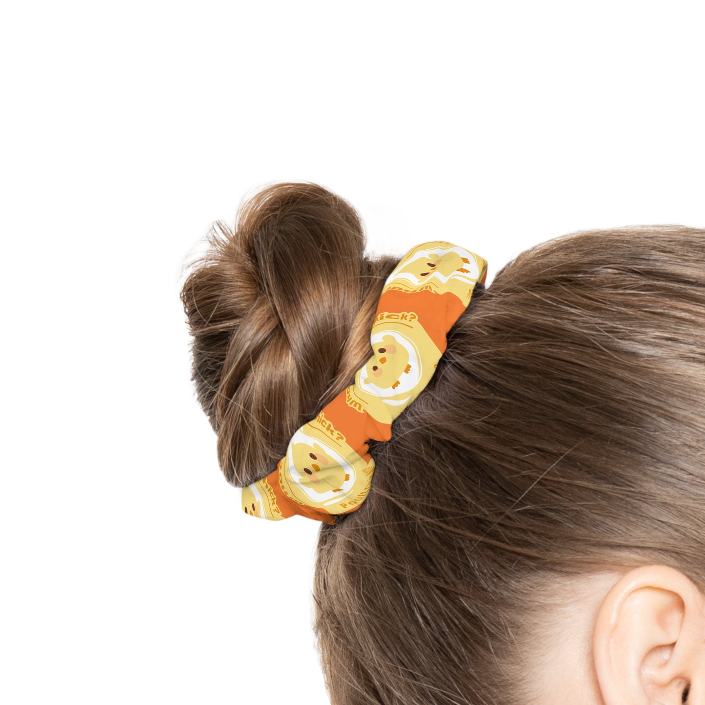 “What do you call a dancing chick? Poultry in Motion” Scrunchie – Funny Dance Pun Hair Accessory with Cute Dancing Chicken Graphic