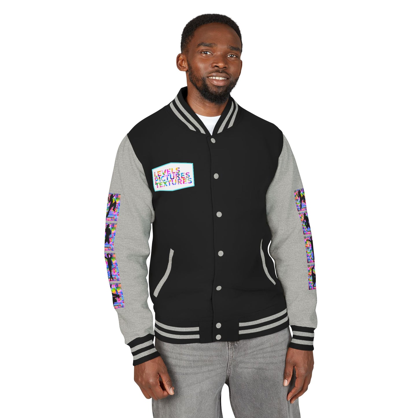 Levels Premium Collection Dance Letterman Jacket β Colorful Unisex Streetwear Varsity Jacket with "Levels Pictures Textures" Front and Dancer Silhouette Back Graphic