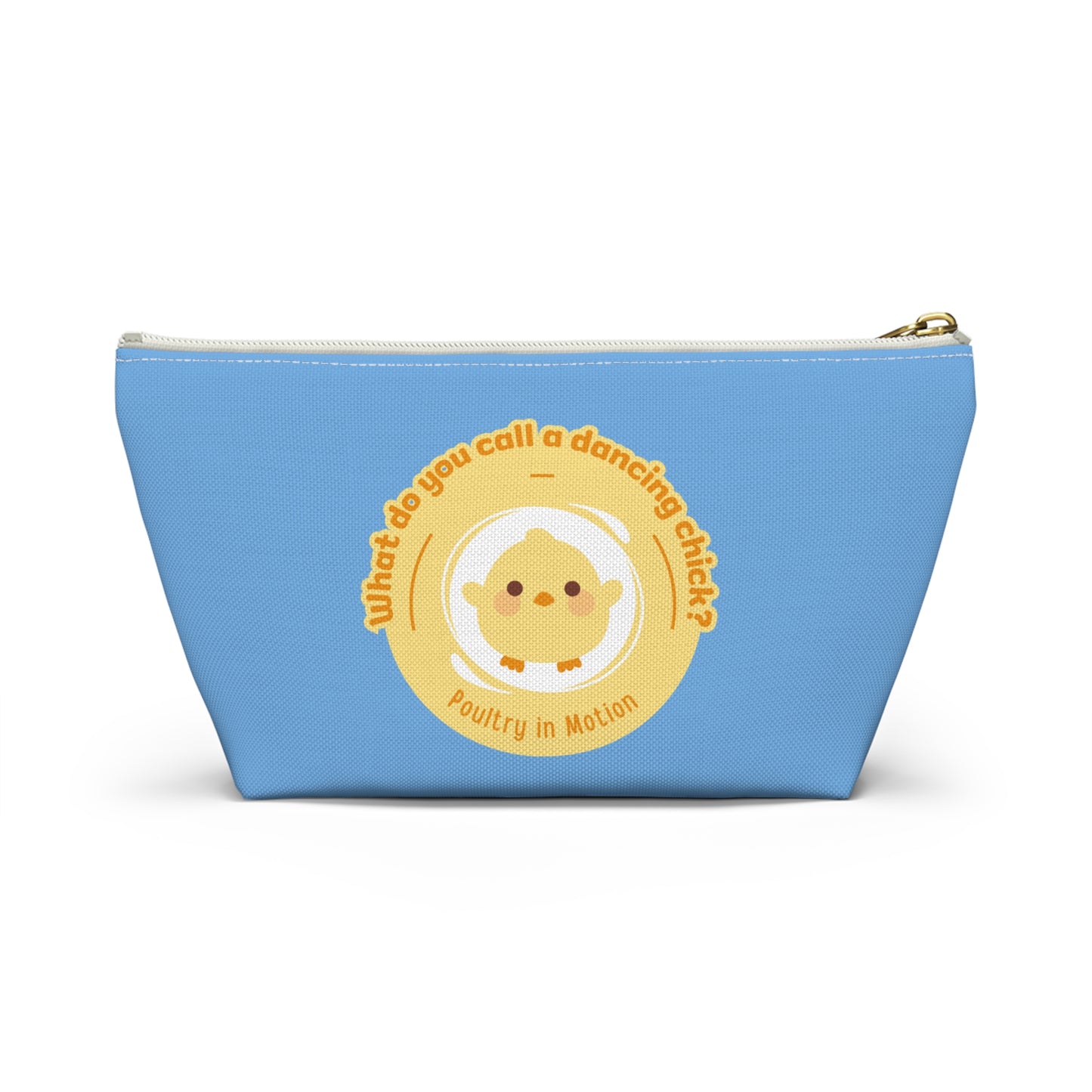 "What do you call a dancing chick? Poultry in Motion." Makeup Bag – Funny Dancing Chick Pun with Cute Chicken Graphic – Dance-Themed Zipper Pouch for Cosmetics, Accessories & Gifts