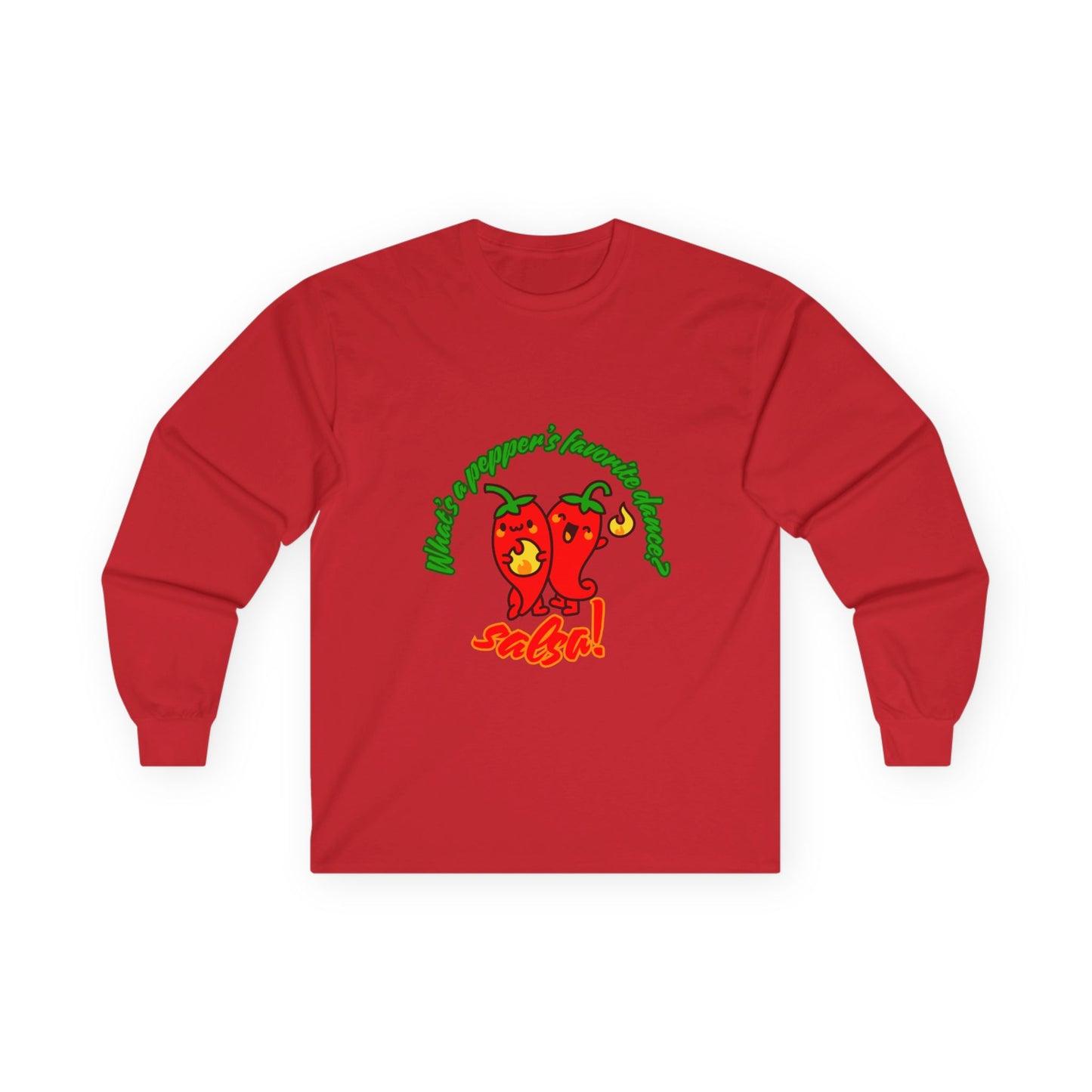 "What’s a Pepper’s Favorite Dance? Salsa!" Unisex Long Sleeve Tee – Funny Dance Pun Shirt with Cute Pepper Graphic for Dancers & Food Lovers