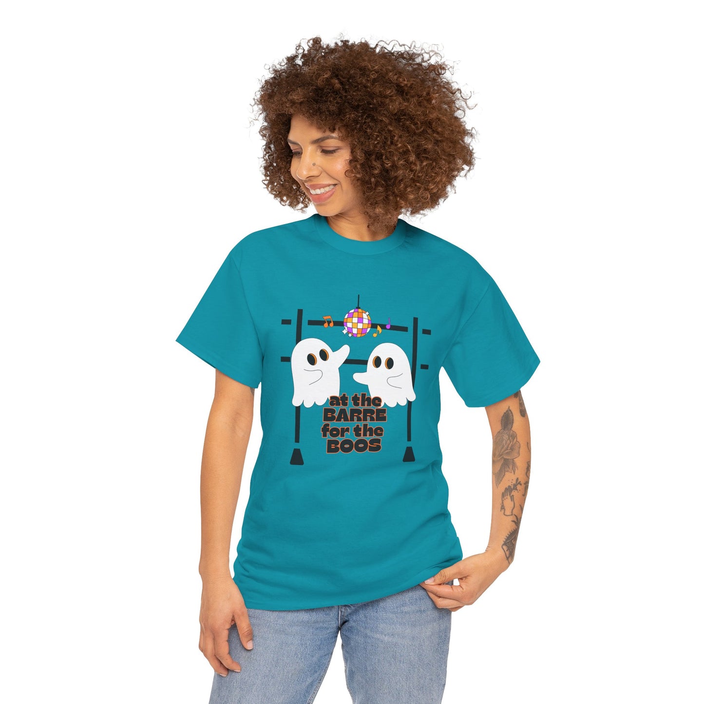 “At the Barre for the Boos” Dance Halloween T-Shirt with Cute Ghost Ballet Graphics - Unisex Heavy Cotton Tee