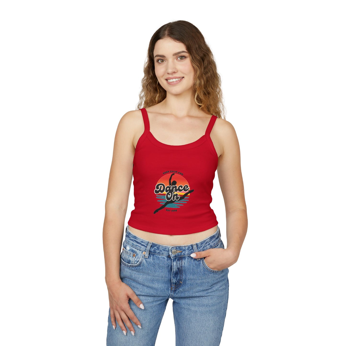 "Keep Calm and Dance On" Women’s Spaghetti Strap Tank Top – Retro Graphic Design | Fun & Stylish Dancewear for Studio, Festivals, and Everyday Outfits