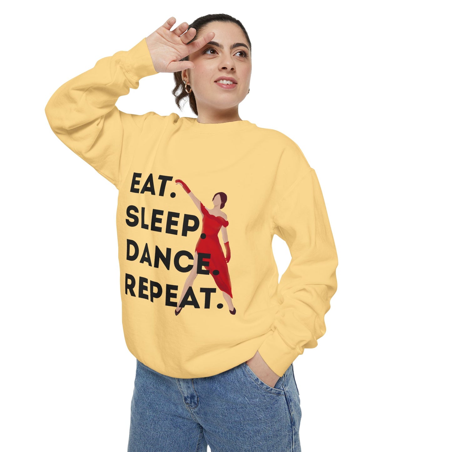 "Eat, Sleep, Dance, Repeat" Unisex Lightweight Crewneck Sweatshirt – Bold Dance Graphic Pullover for Dancers & Studio Life Enthusiasts