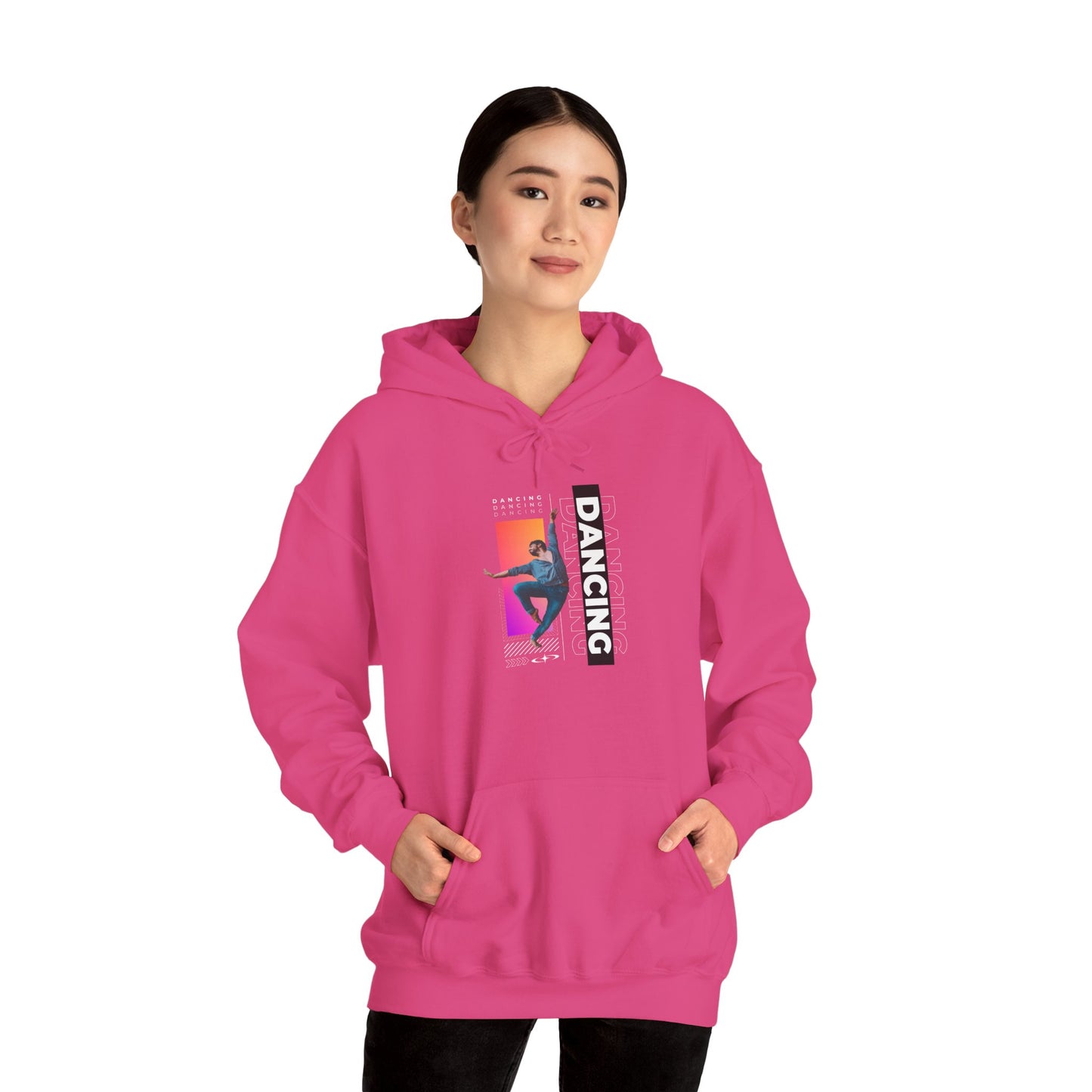 “Dancing” Text with Streetwear-Style Male Dancer Graphic – Unisex Heavy Blend™ Hooded Sweatshirt – Cozy Dance Hoodie for Performers & Dance Enthusiasts