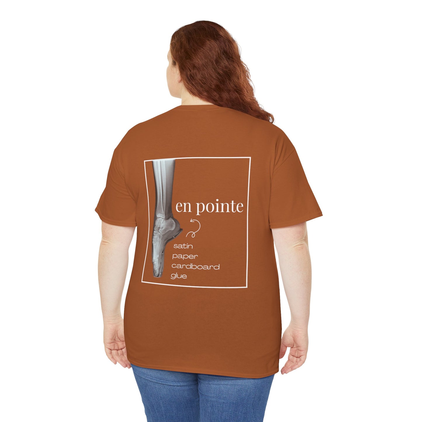“I Dance en Pointe” X-Ray Ballet T-Shirt – Unisex Heavy Cotton Tee Featuring Pointe Shoe Foot Graphic with Optional Name or Studio Personalization on the back