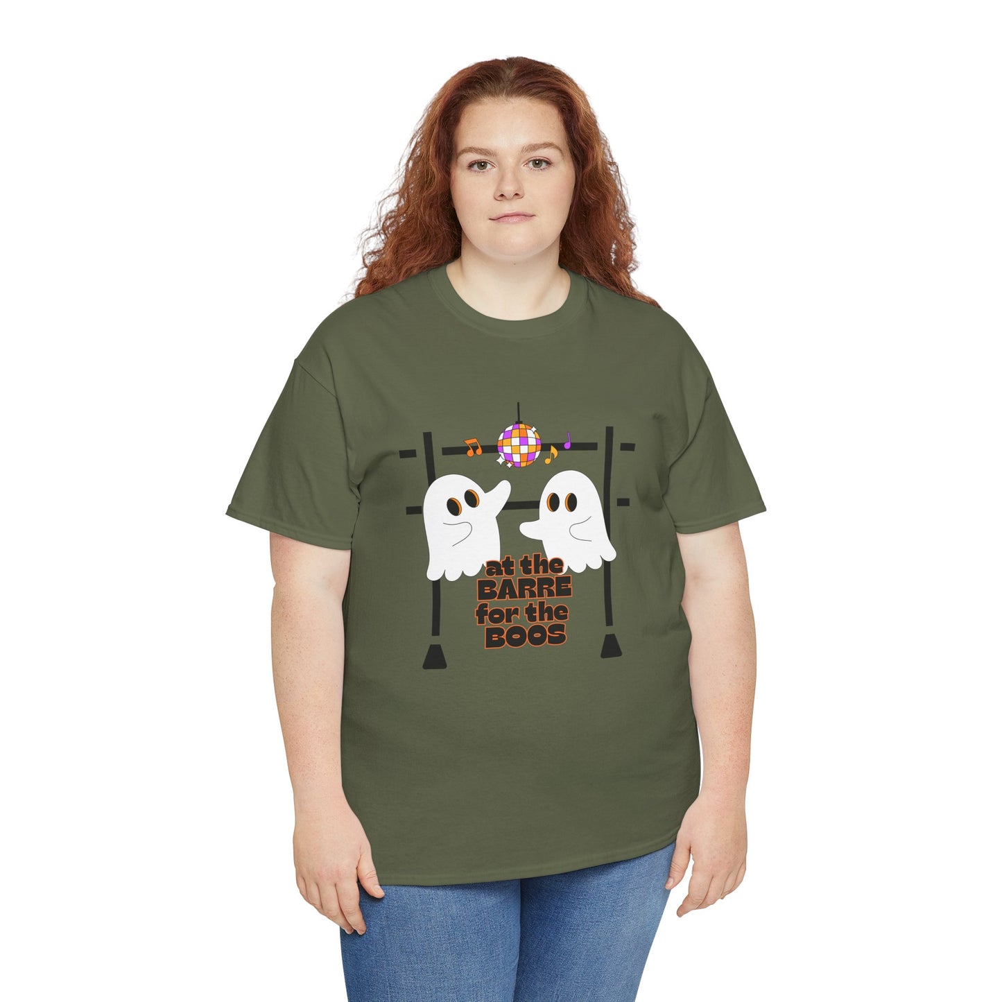 “At the Barre for the Boos” Dance Halloween T-Shirt with Cute Ghost Ballet Graphics - Unisex Heavy Cotton Tee