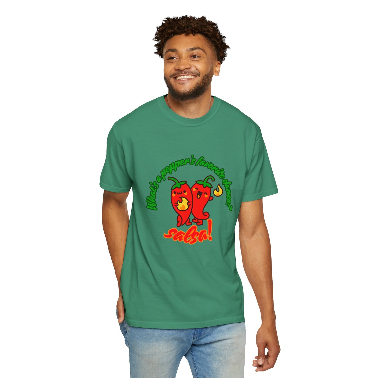 "What's a Pepper's Favorite Dance? Salsa!" Dance Pun Unisex Garment-Dyed T-Shirt – Funny Dance Joke Tee with Cute Pepper Graphic – Dance Humor Shirt for Food & Pun Lovers
