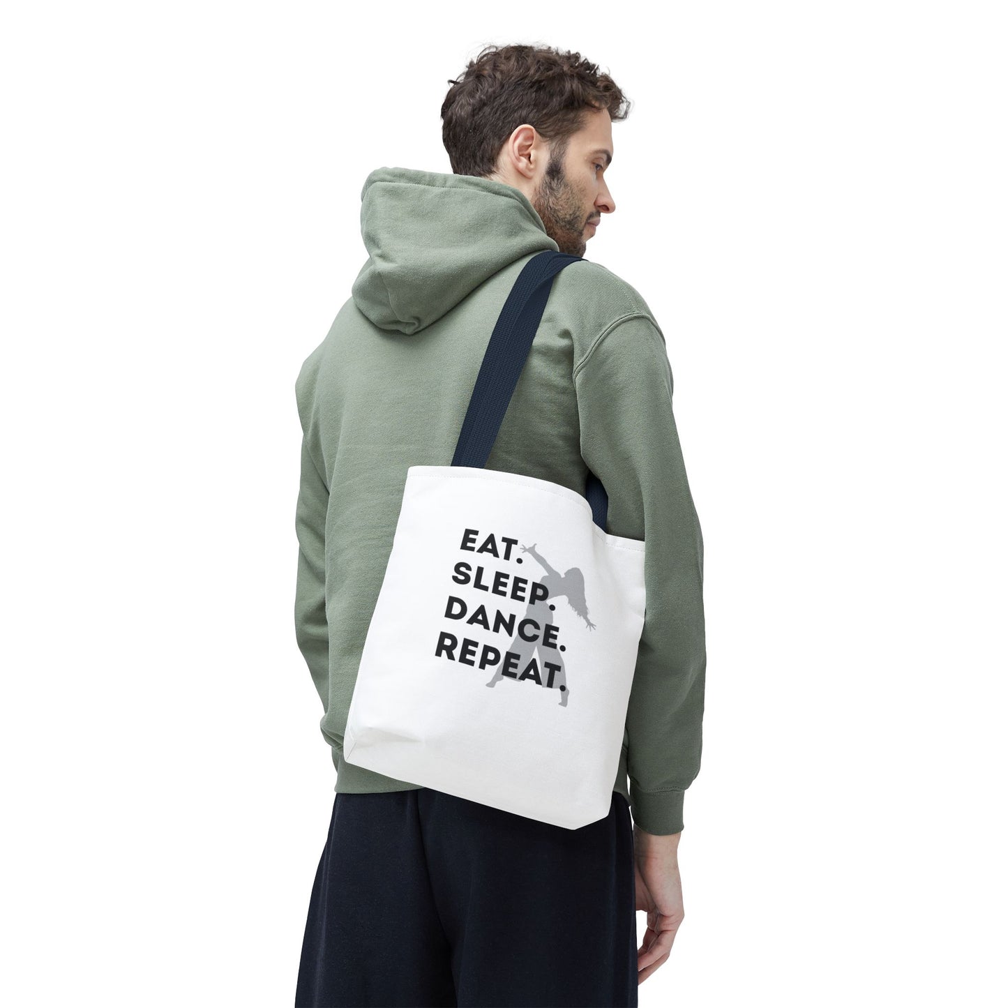 "Eat Sleep Dance Repeat" Canvas Tote Bag – Gray Dancer Silhouette Dance-Themed Reusable Shoulder Bag for Dancers, Studio, or Everyday Use