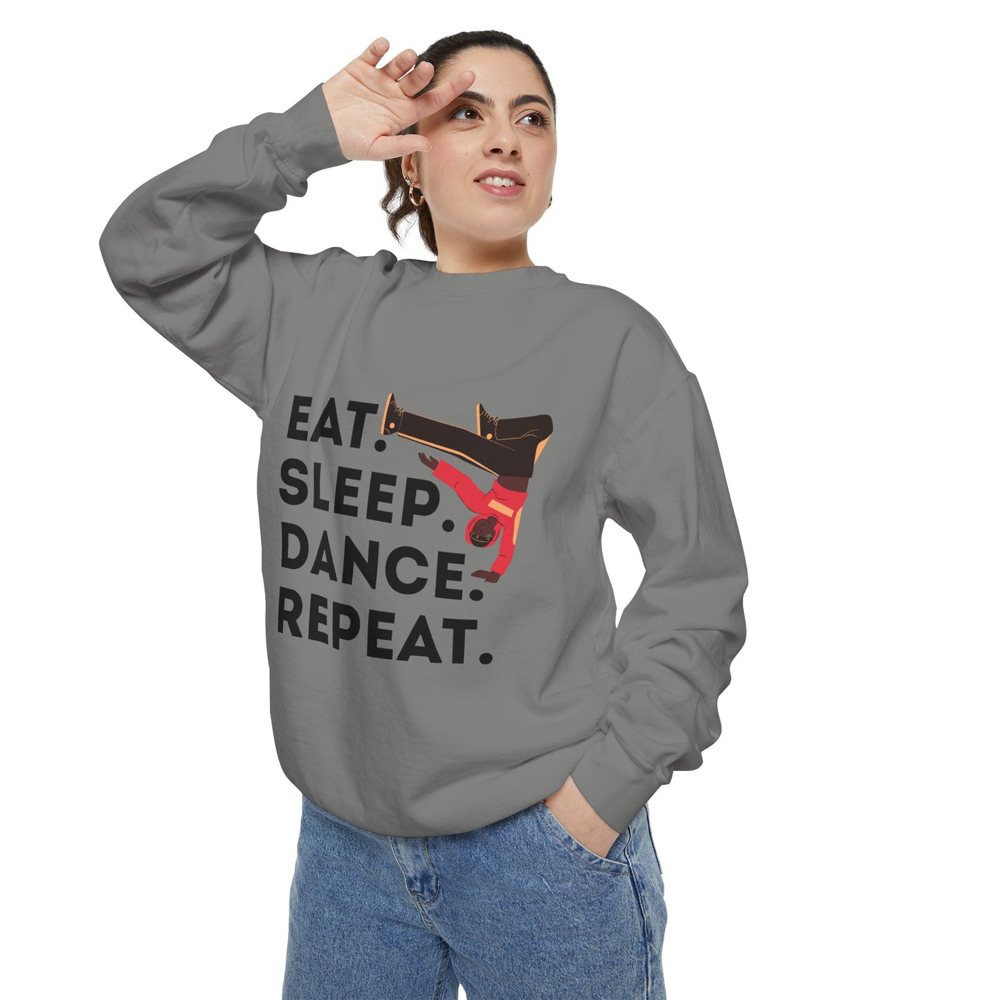 "Eat, Sleep, Dance, Repeat." Unisex Lightweight Crewneck Sweatshirt – Bold B-Boy Graphic Pullover for Hip-Hop Dancers & Street Style Fans