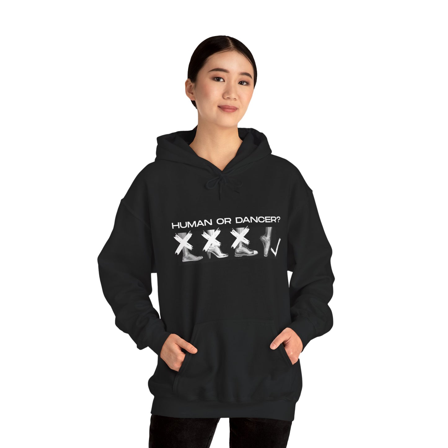"Human or Dancer" Unisex Hoodie – Ballet-Themed Hoodie for Teens and Adults with X-Ray Foot Graphic and Personalized Sleeve Option