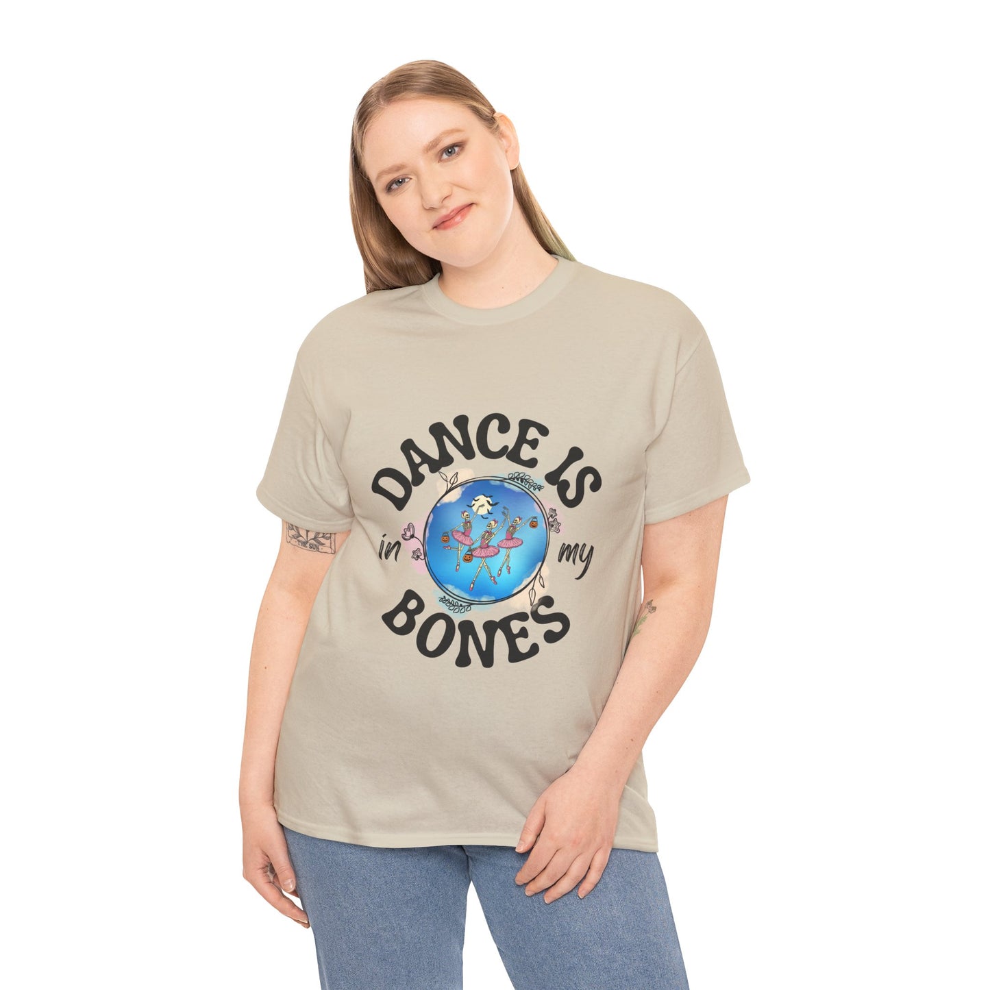 “Dance Is in My Bones” Halloween Dance T-Shirt with Dancing Skeletons Graphic - Unisex Heavy Cotton Tee