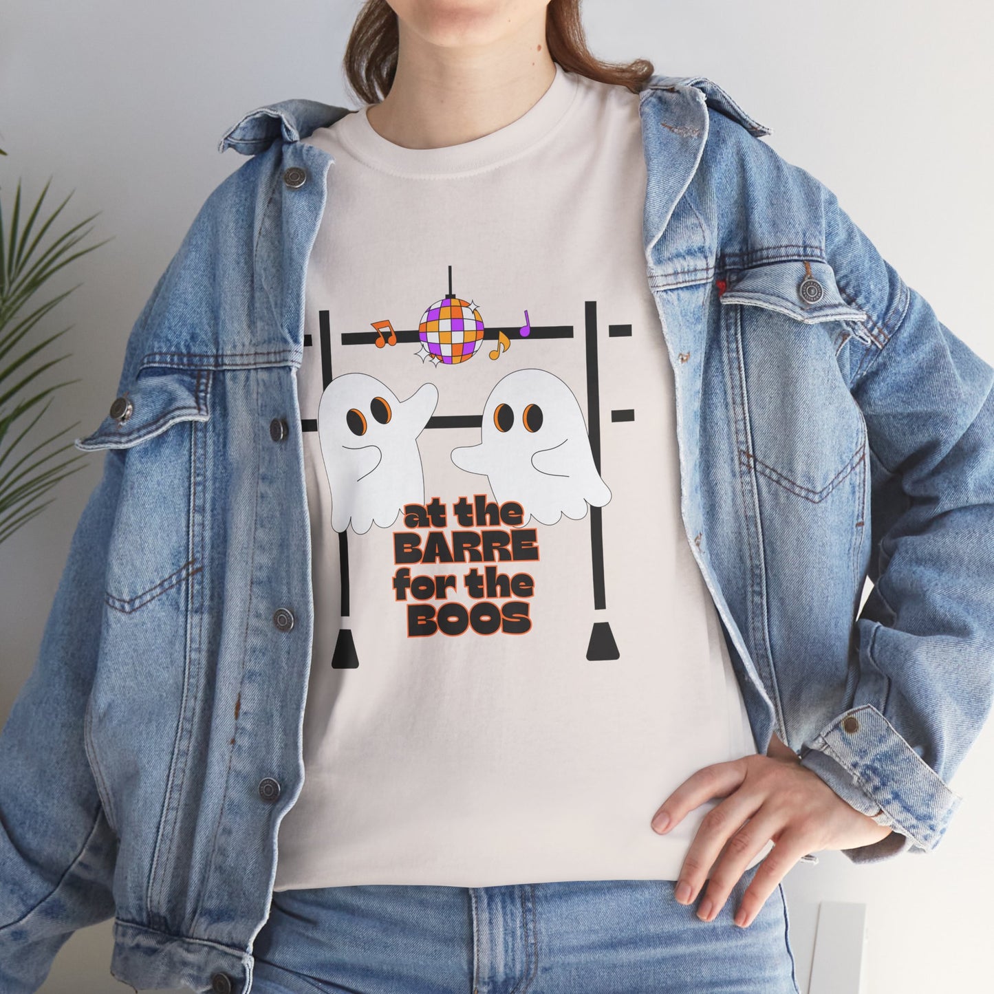 “At the Barre for the Boos” Dance Halloween T-Shirt with Cute Ghost Ballet Graphics - Unisex Heavy Cotton Tee