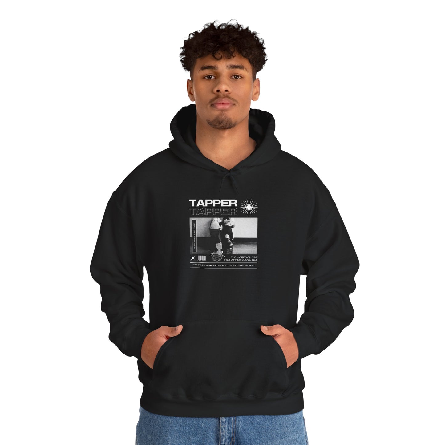 “Tapper” Tap Dance Text with Streetwear-Style Tap Shoes Graphic – Unisex Heavy Blend™ Hooded Sweatshirt – Cozy Dance Hoodie for Tap Dancers & Performing Arts Fans