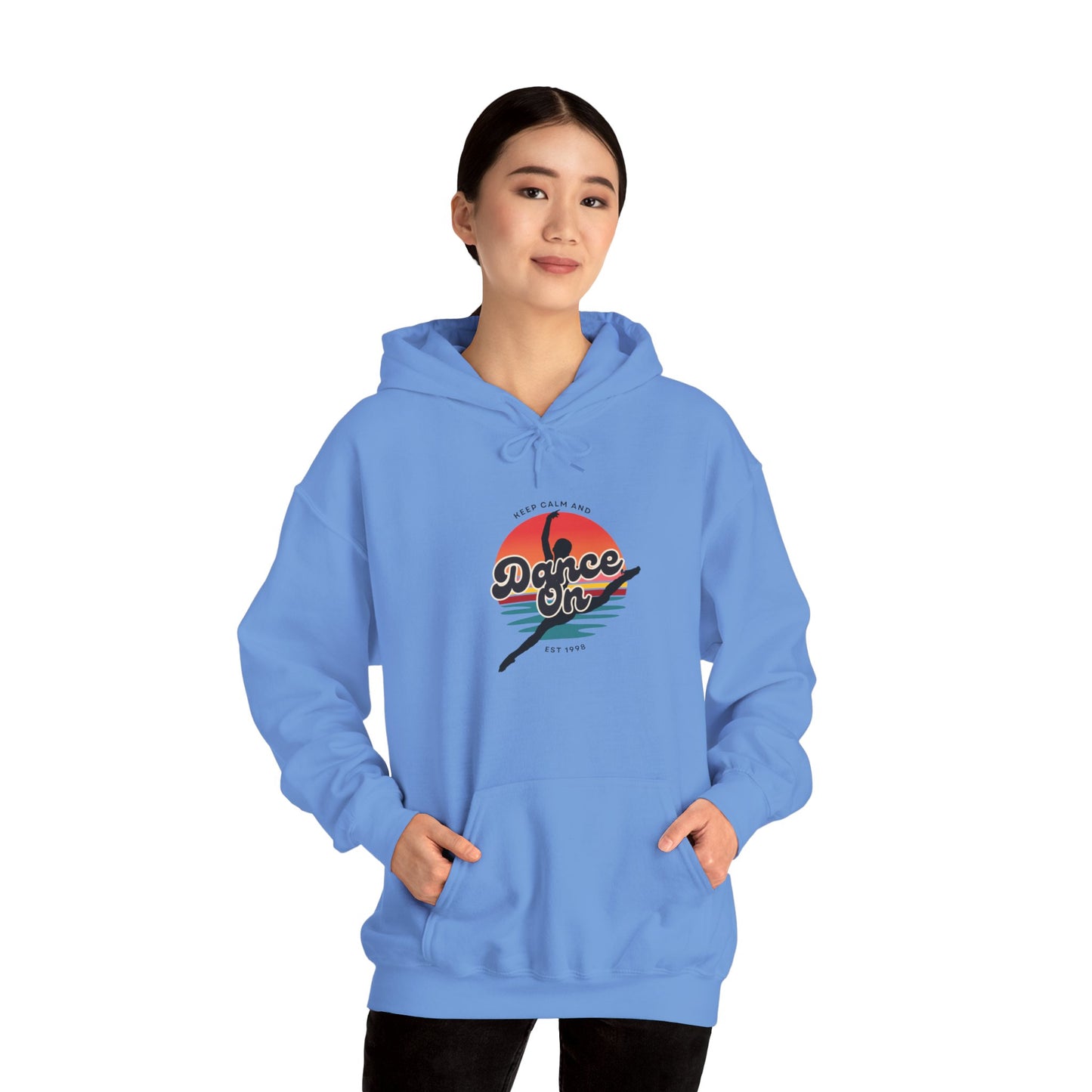 “Keep Calm and Dance On” Retro Hoodie – Unisex Dance-Inspired Hooded Sweatshirt for Dancers & Movement Lovers