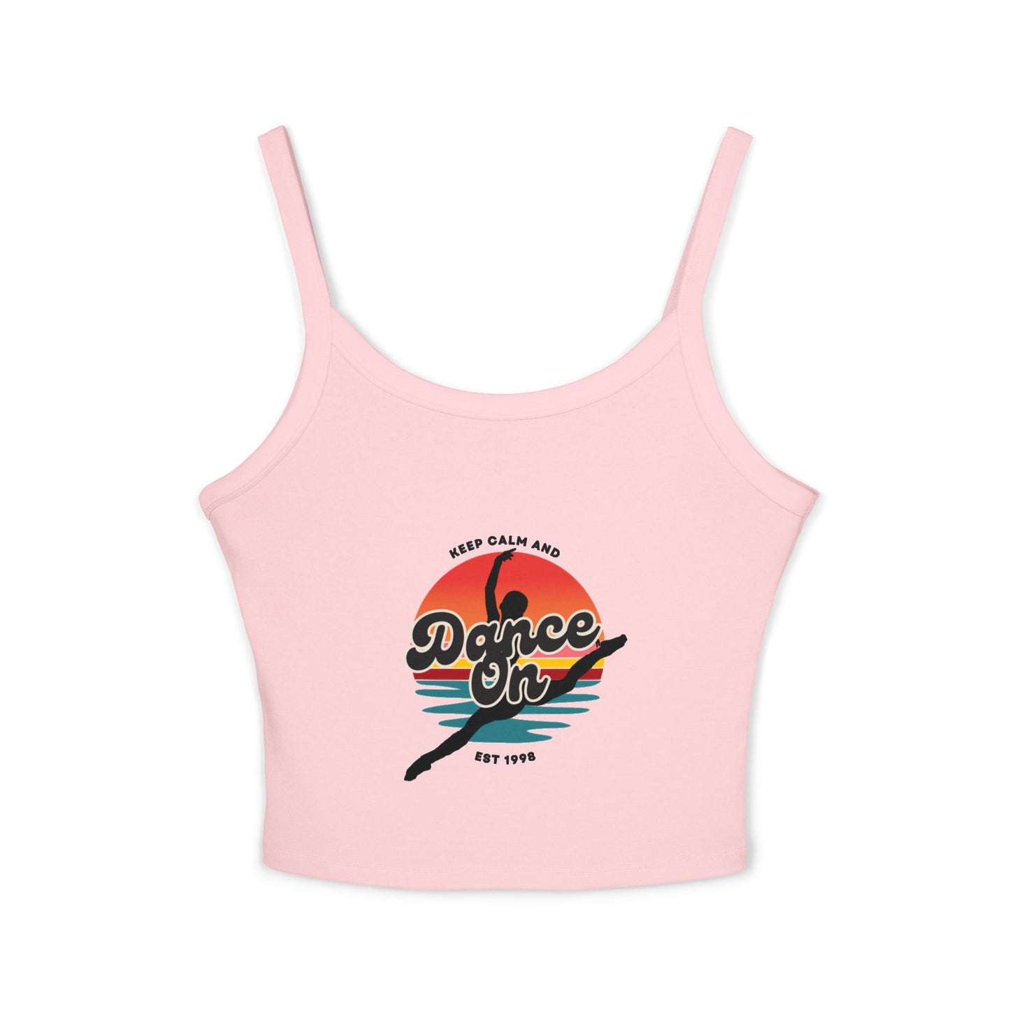 "Keep Calm and Dance On" Women’s Spaghetti Strap Tank Top – Retro Graphic Design | Fun & Stylish Dancewear for Studio, Festivals, and Everyday Outfits