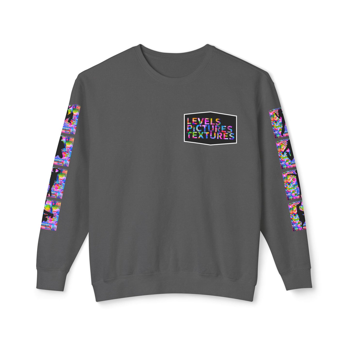 Levels Premium Collection Dance Crewneck Sweatshirt – Vibrant Unisex Streetwear Pullover with "Levels Pictures Textures" Front Text and Dancer Silhouettes on Sleeves