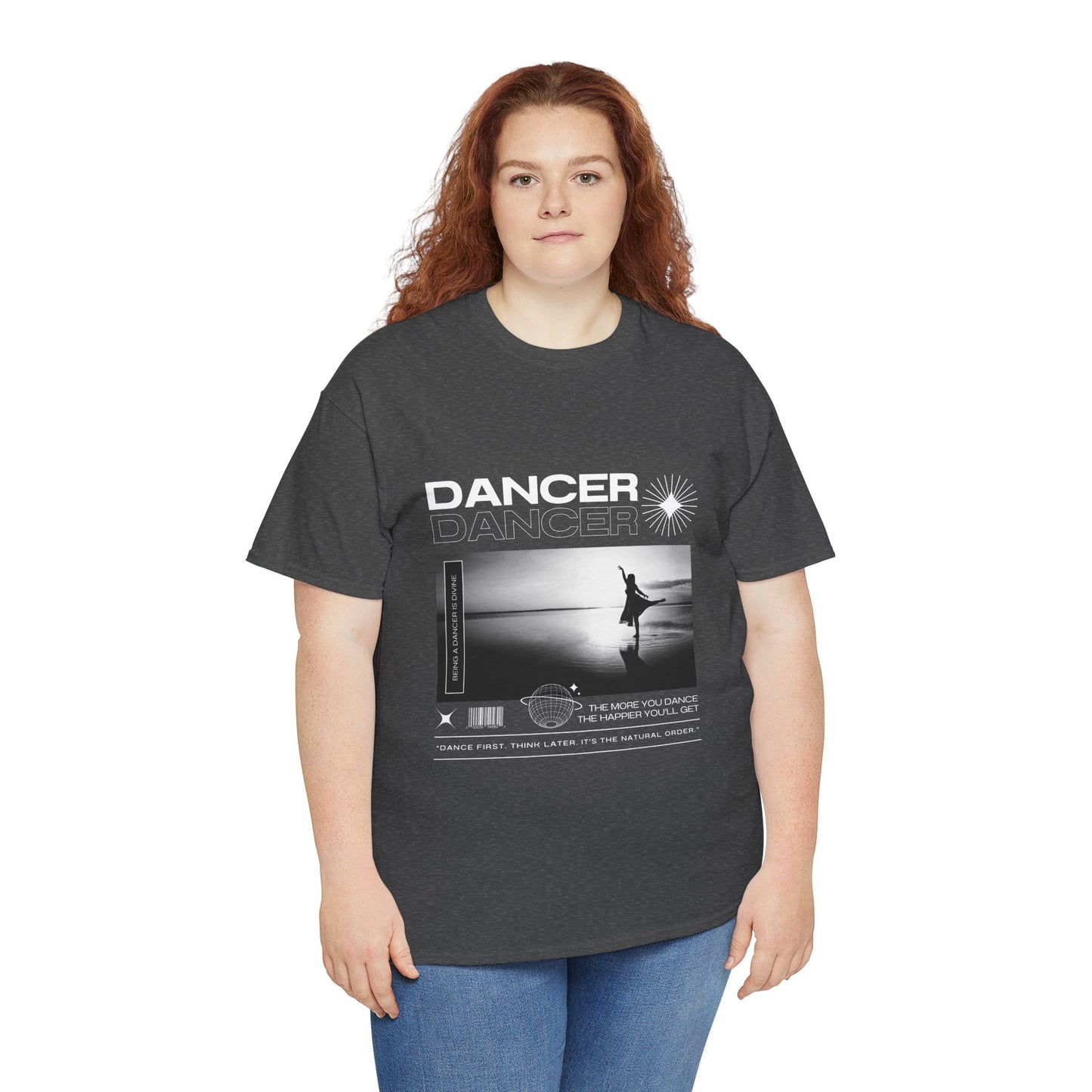 "Dancer" Arabesque Beach Scene Unisex Heavy Cotton Tee – Streetwear-Inspired Ballet Dance Graphic T-Shirt