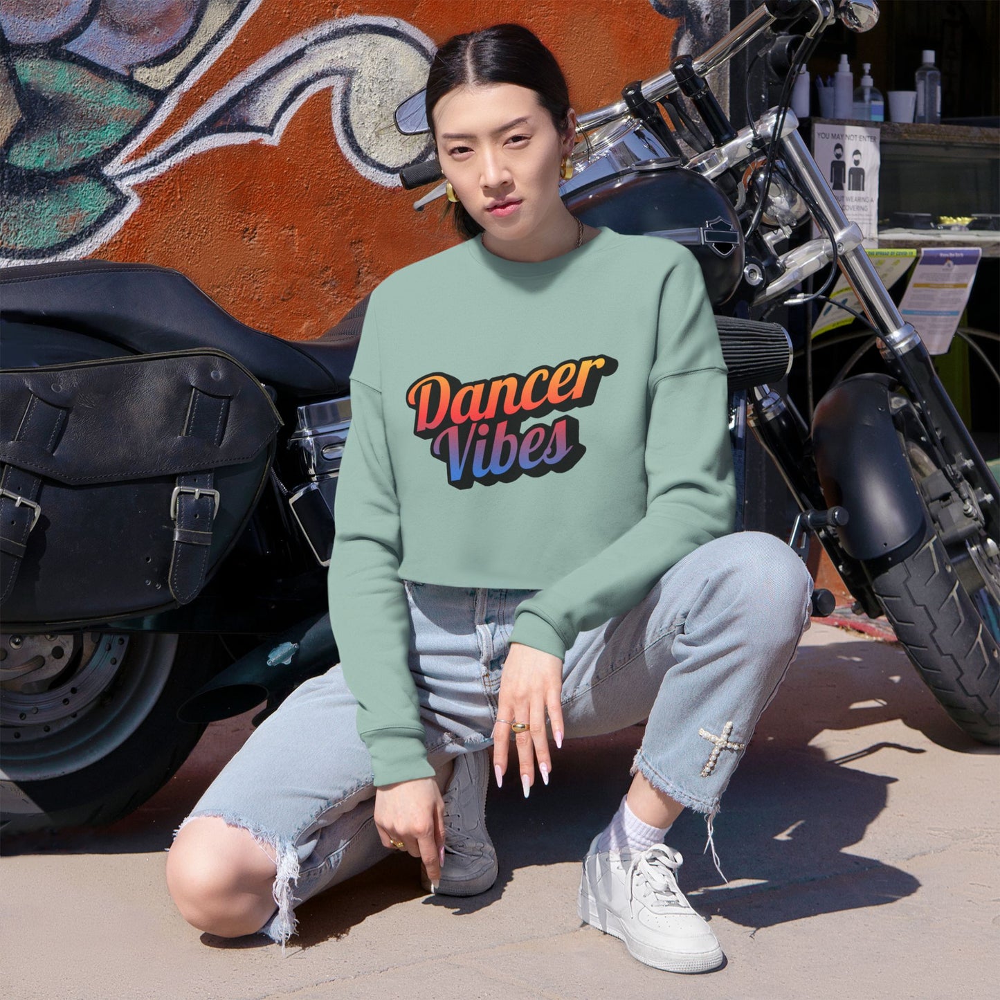 "Dancer Vibes" – Women’s Cropped Dance Sweatshirt | Colorful Text Graphic Pullover for Trendy Dancers