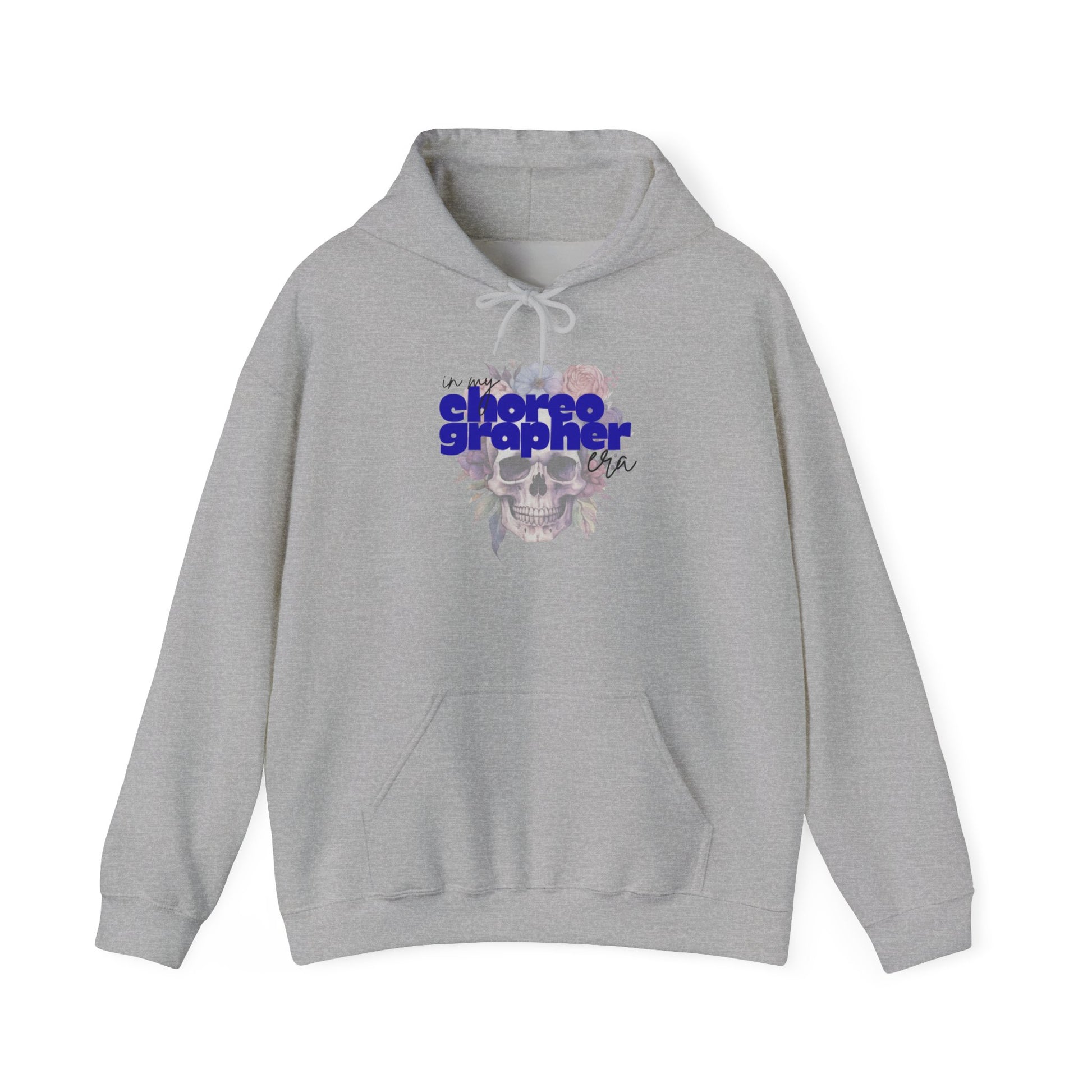 Gray hoodie with 'choreographer' text and floral design on a white background