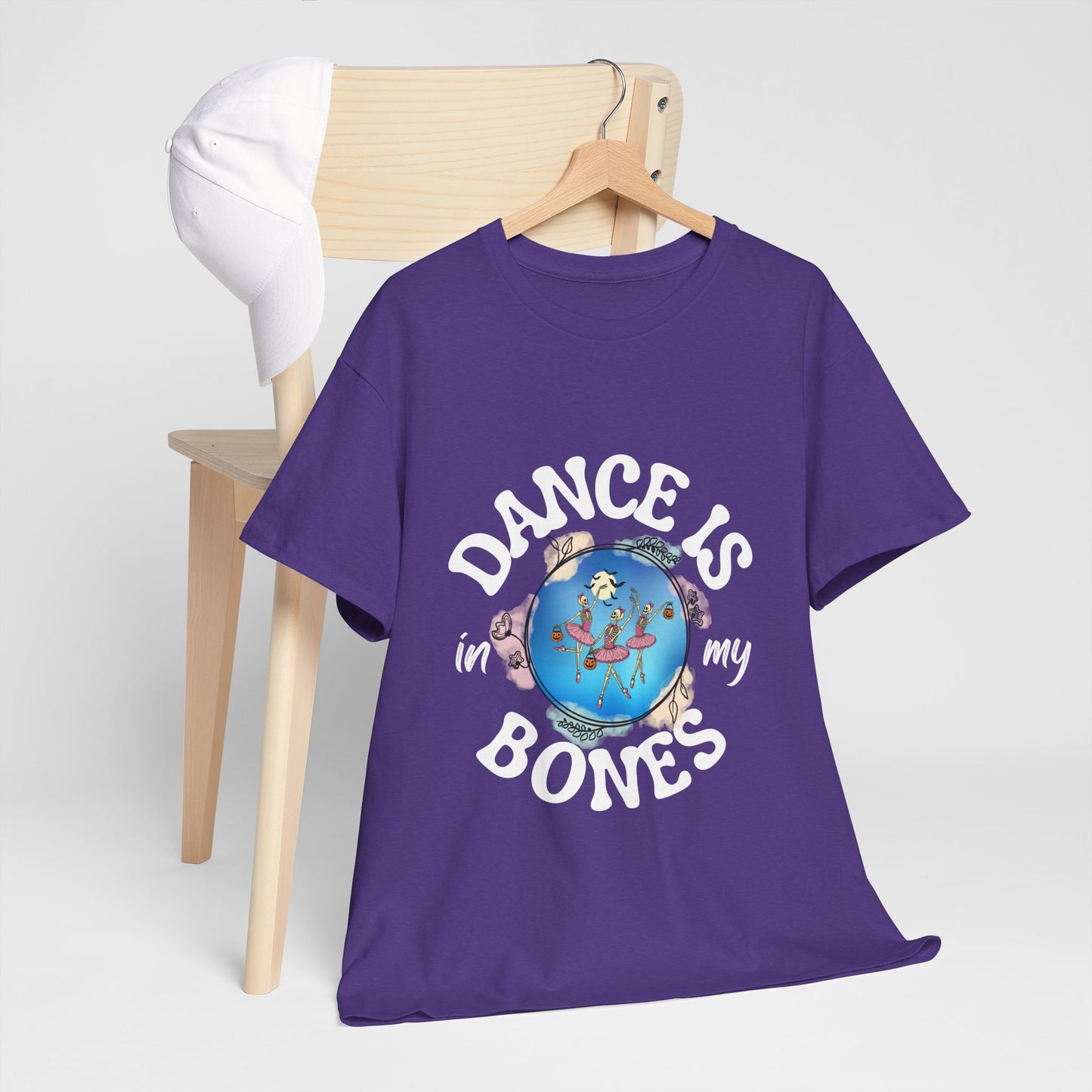 “Dance Is in My Bones” Halloween Dance T-Shirt with Dancing Skeletons Graphic - Unisex Heavy Cotton Tee