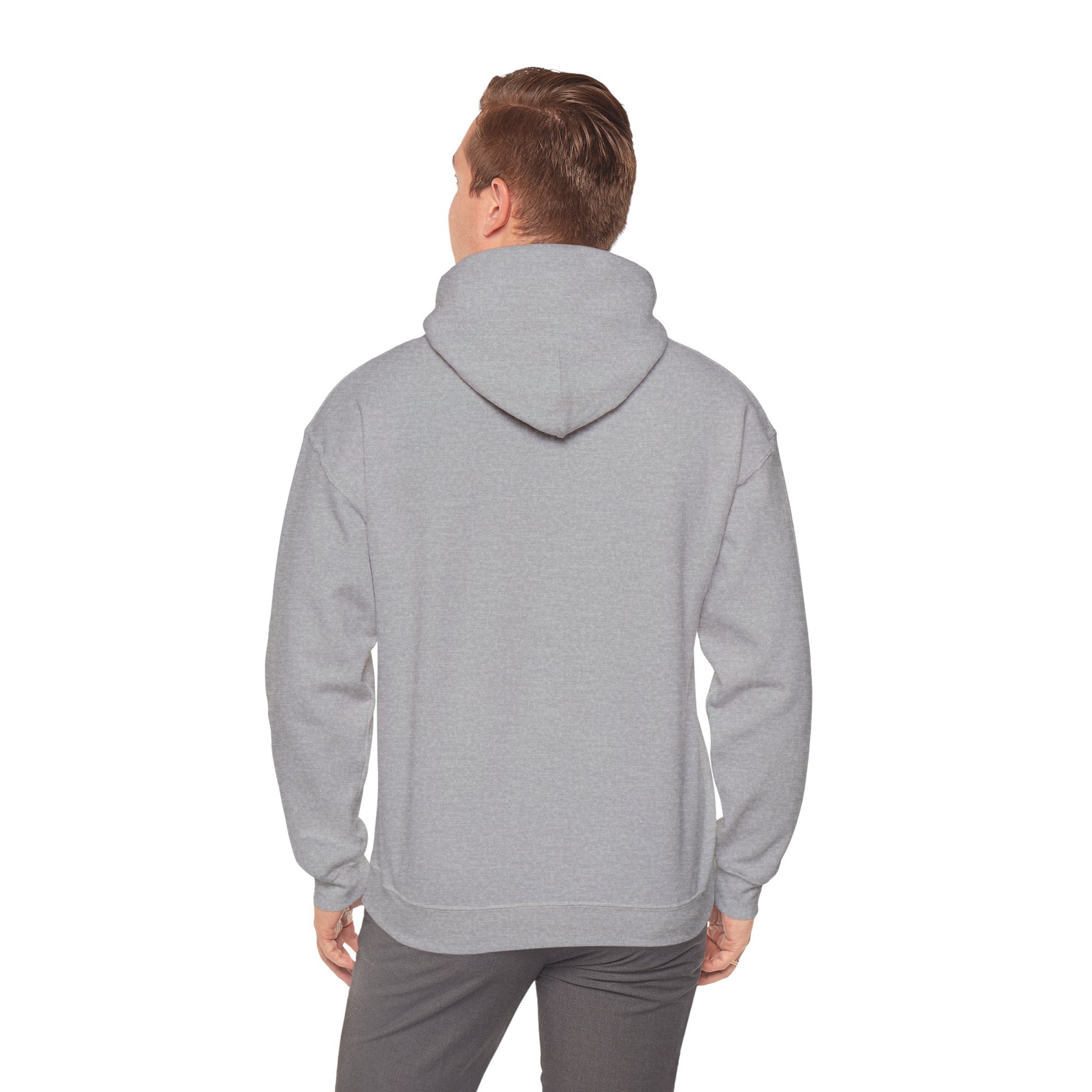 Person wearing a gray hoodie from behind on a white background