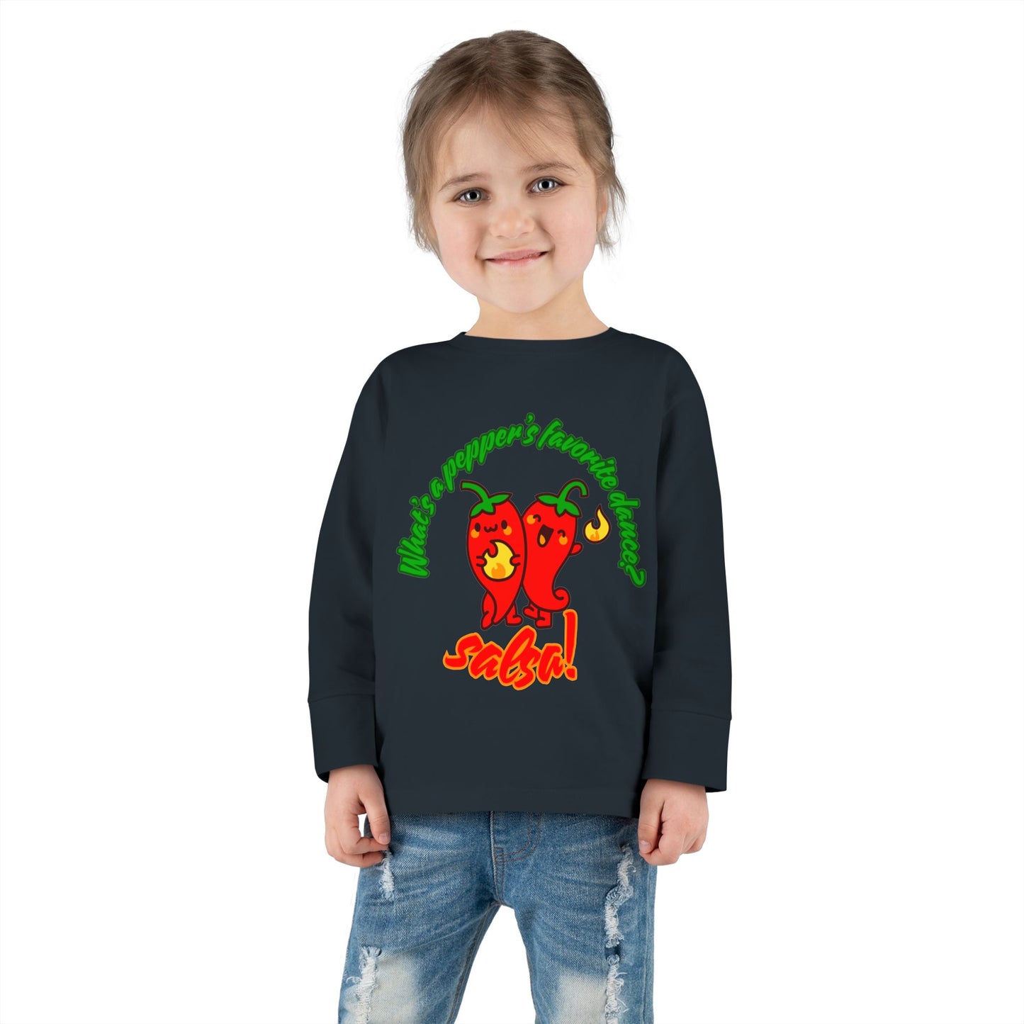 "What Is a Pepper's Favorite Dance? Salsa!" Toddler Dance T-Shirt – Cute Pepper Pun Graphic Long Sleeve Tee for Kids