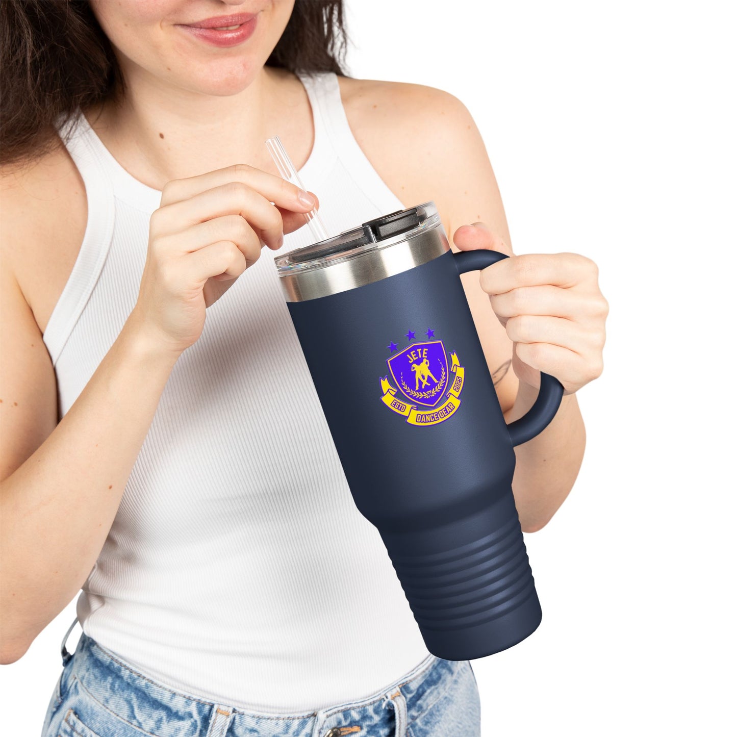"Jeté Dance Gear Estd 2025" | 40oz Insulated Travel Mug with Collegiate-Inspired Graphic – Durable Stainless Steel Tumbler for Dancers & Dance Lovers