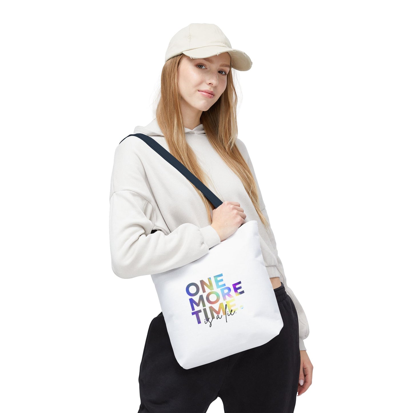 "One More Time Is a Lie" Dance Quote Canvas Tote Bag – Funny Colorful Text Graphic Dance Bag for Rehearsals, Studio & Everyday Use