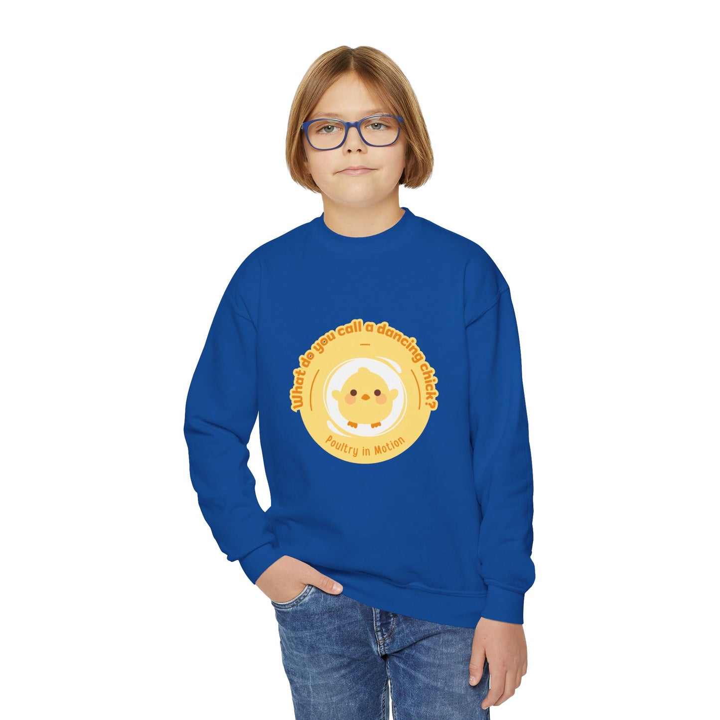 "What do you call a dancing chick? Poultry in Motion." – Funny Dance Pun Youth Crewneck Sweatshirt | Cute Dancing Chicken Kids Pullover