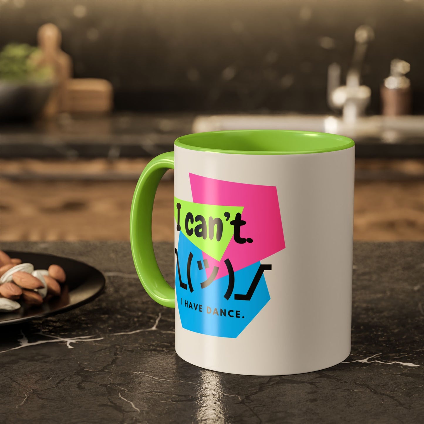 “I Can’t. I Have Dance Mug.” with Colored Handles – Bold 80s Retro Dance Graphic Coffee Cup